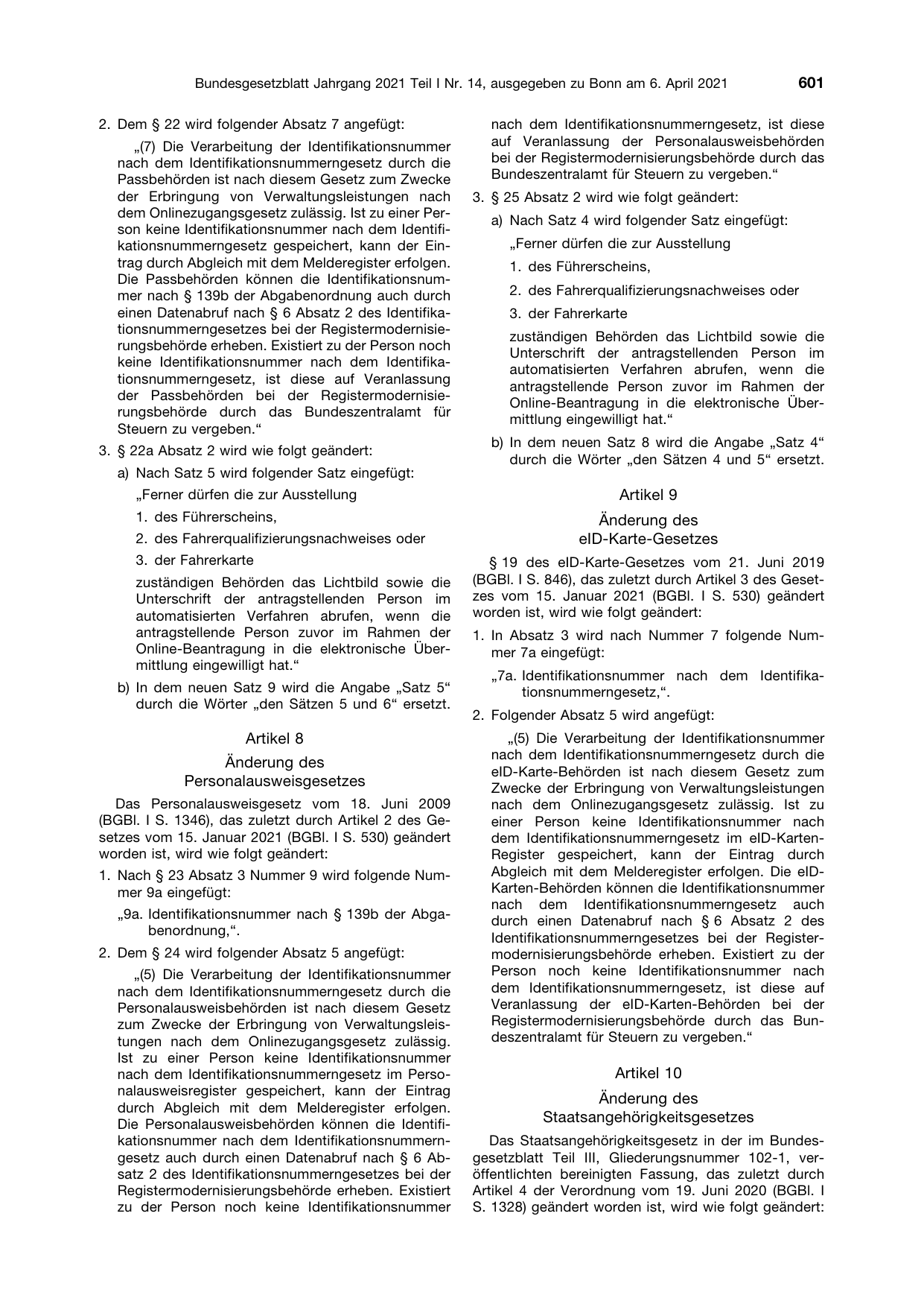 BGBl. 2021, Seite 601 — Originalseite als Abbildung