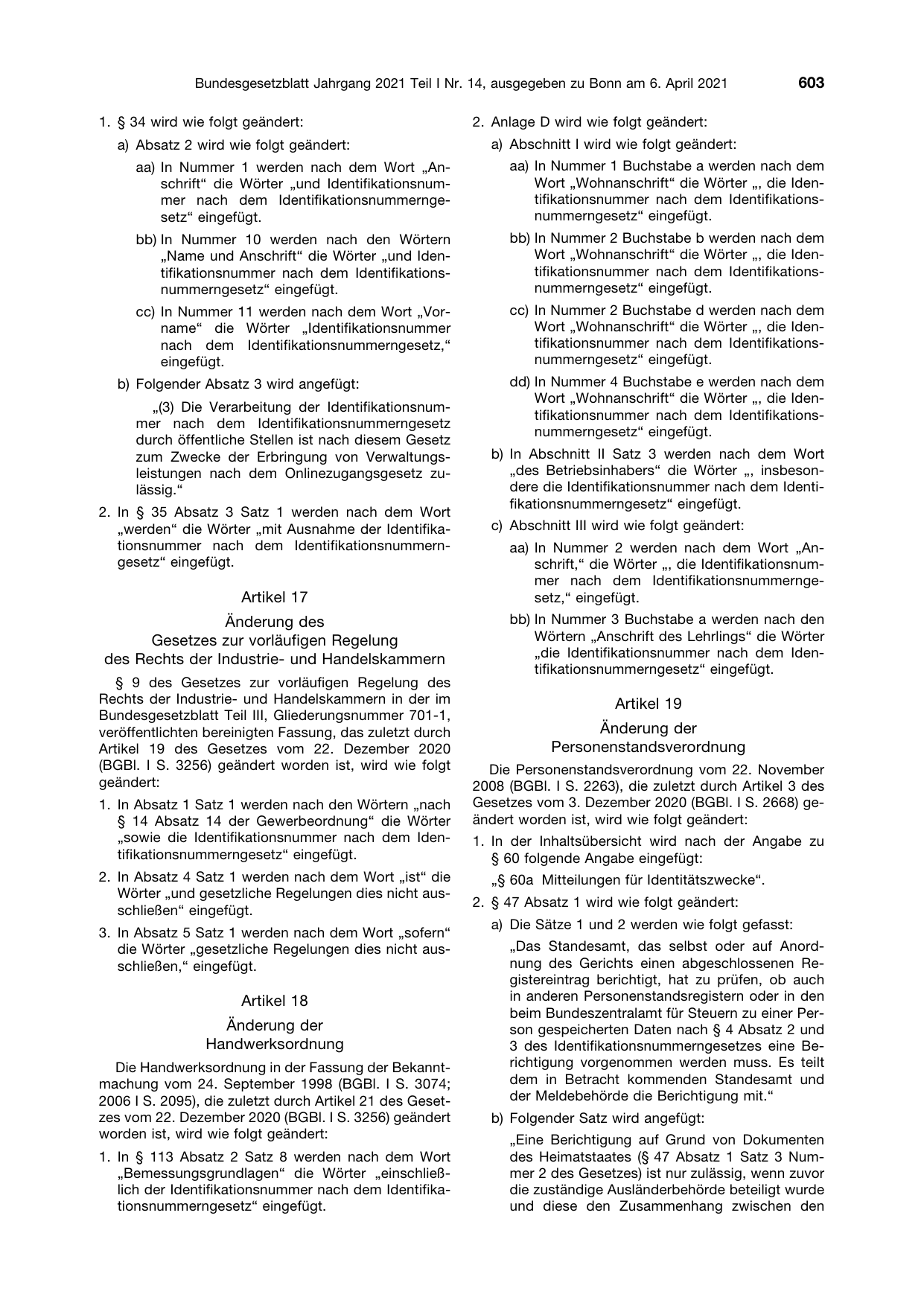 BGBl. 2021, Seite 603 — Originalseite als Abbildung