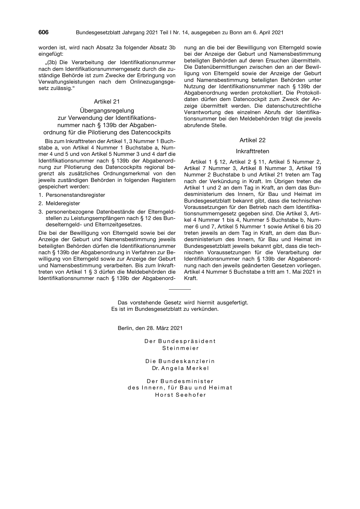BGBl. 2021, Seite 606 — Originalseite als Abbildung