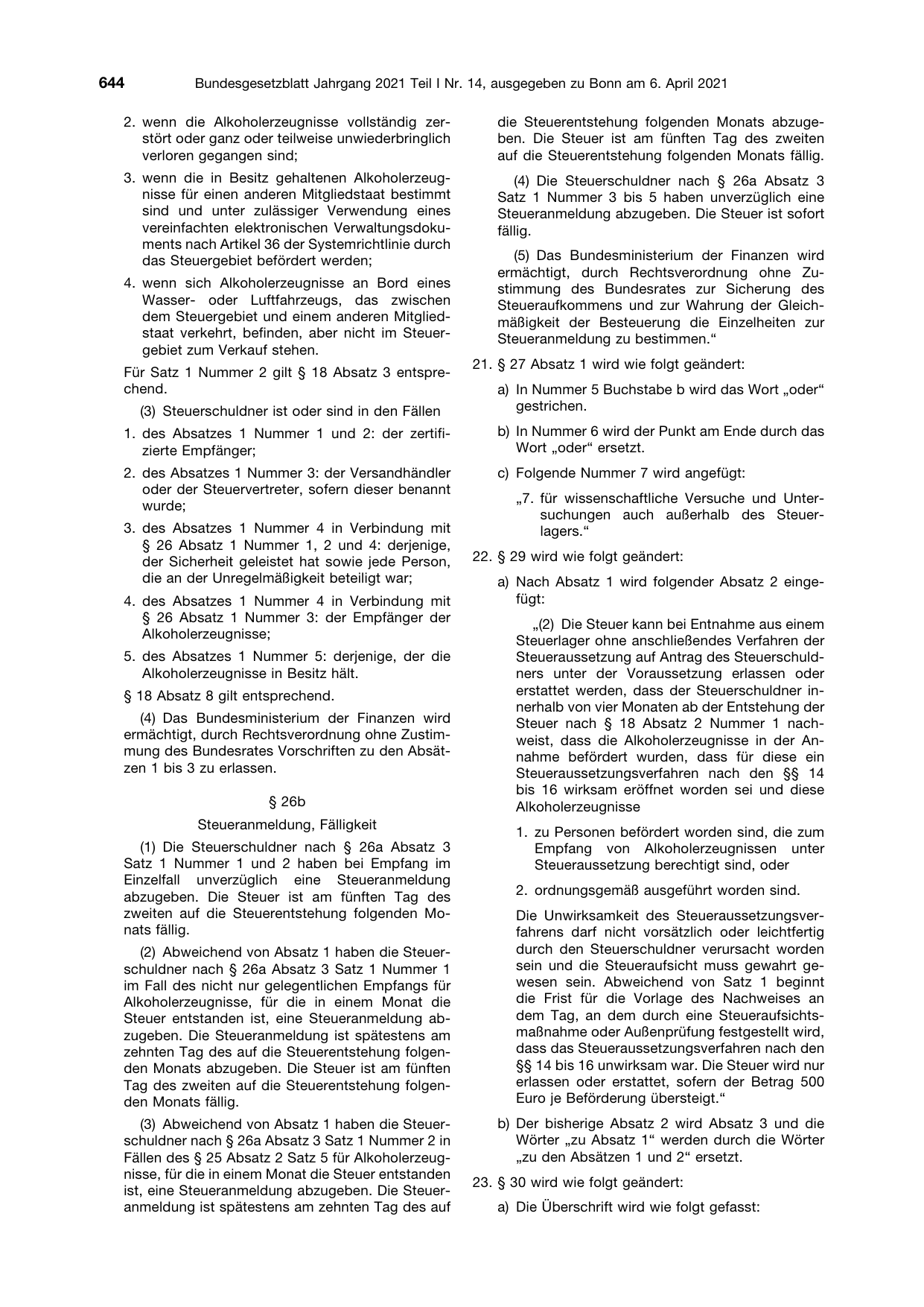 BGBl. 2021, Seite 644 — Originalseite als Abbildung