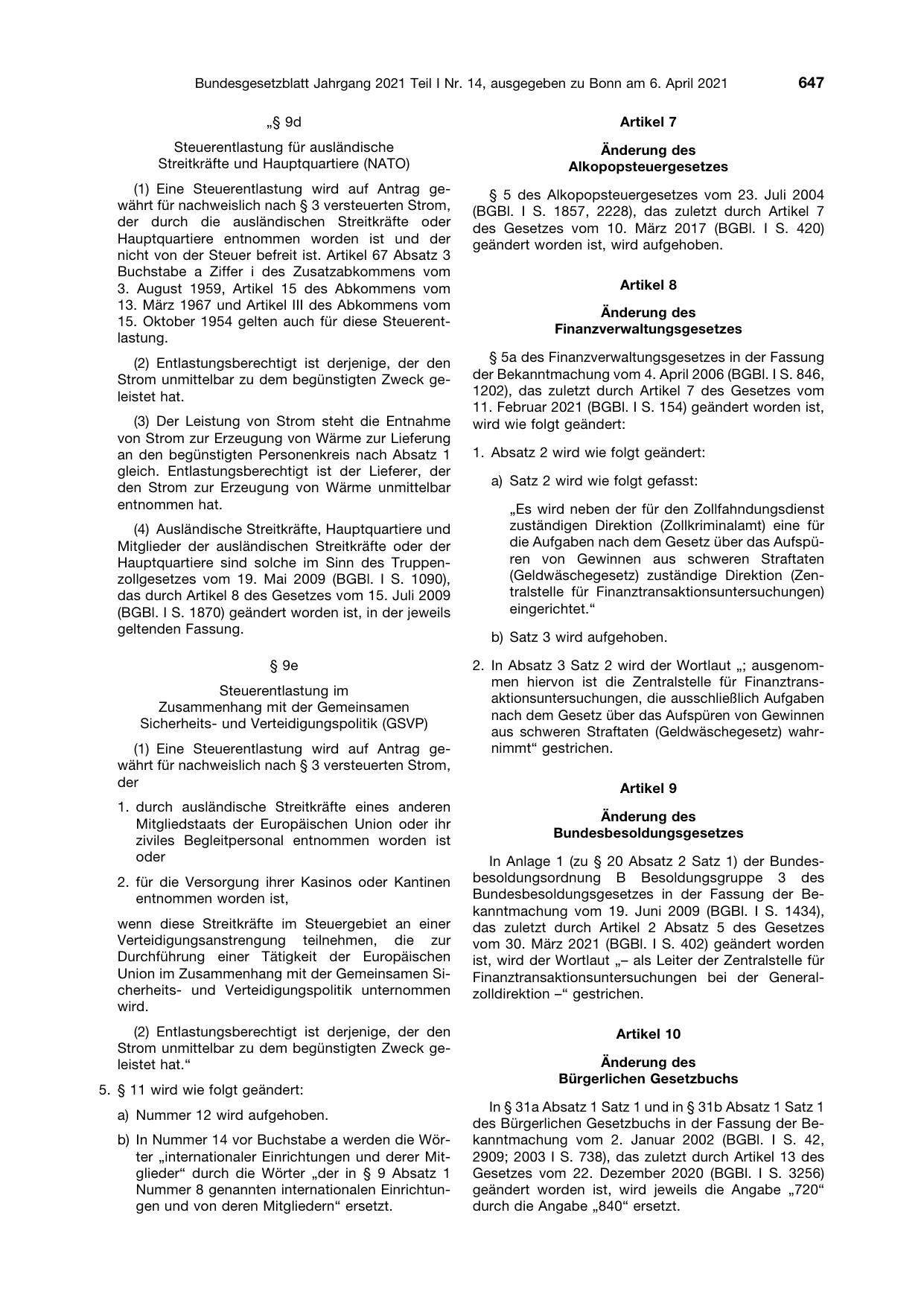 BGBl. 2021, Seite 647 — Originalseite als Abbildung