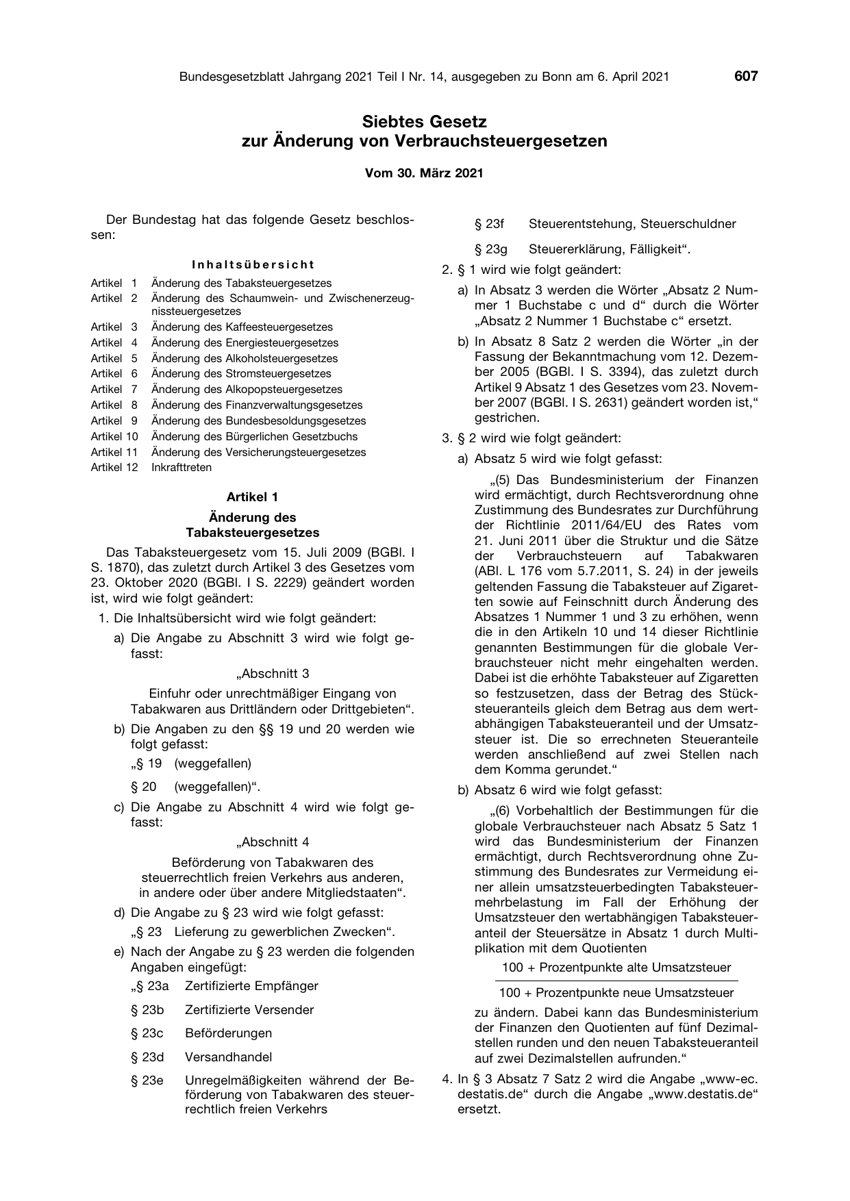 BGBl. 2021, Seite 607 — Originalseite als Abbildung