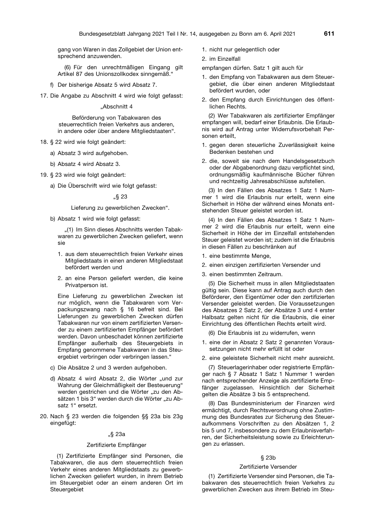BGBl. 2021, Seite 611 — Originalseite als Abbildung
