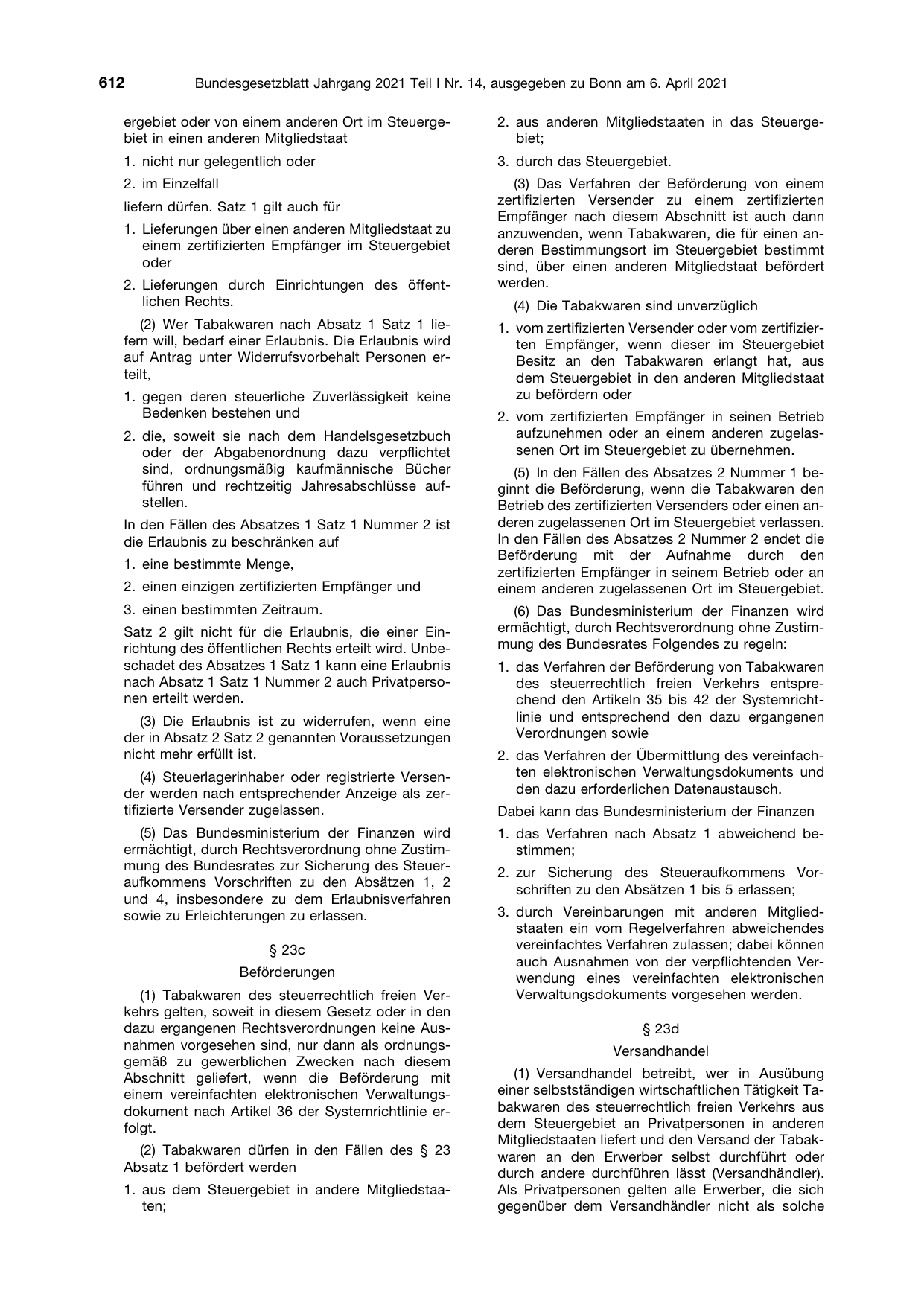 BGBl. 2021, Seite 612 — Originalseite als Abbildung