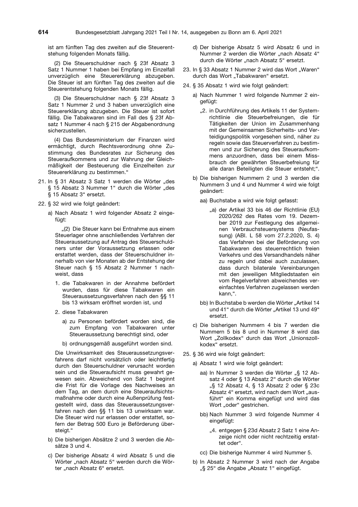 BGBl. 2021, Seite 614 — Originalseite als Abbildung