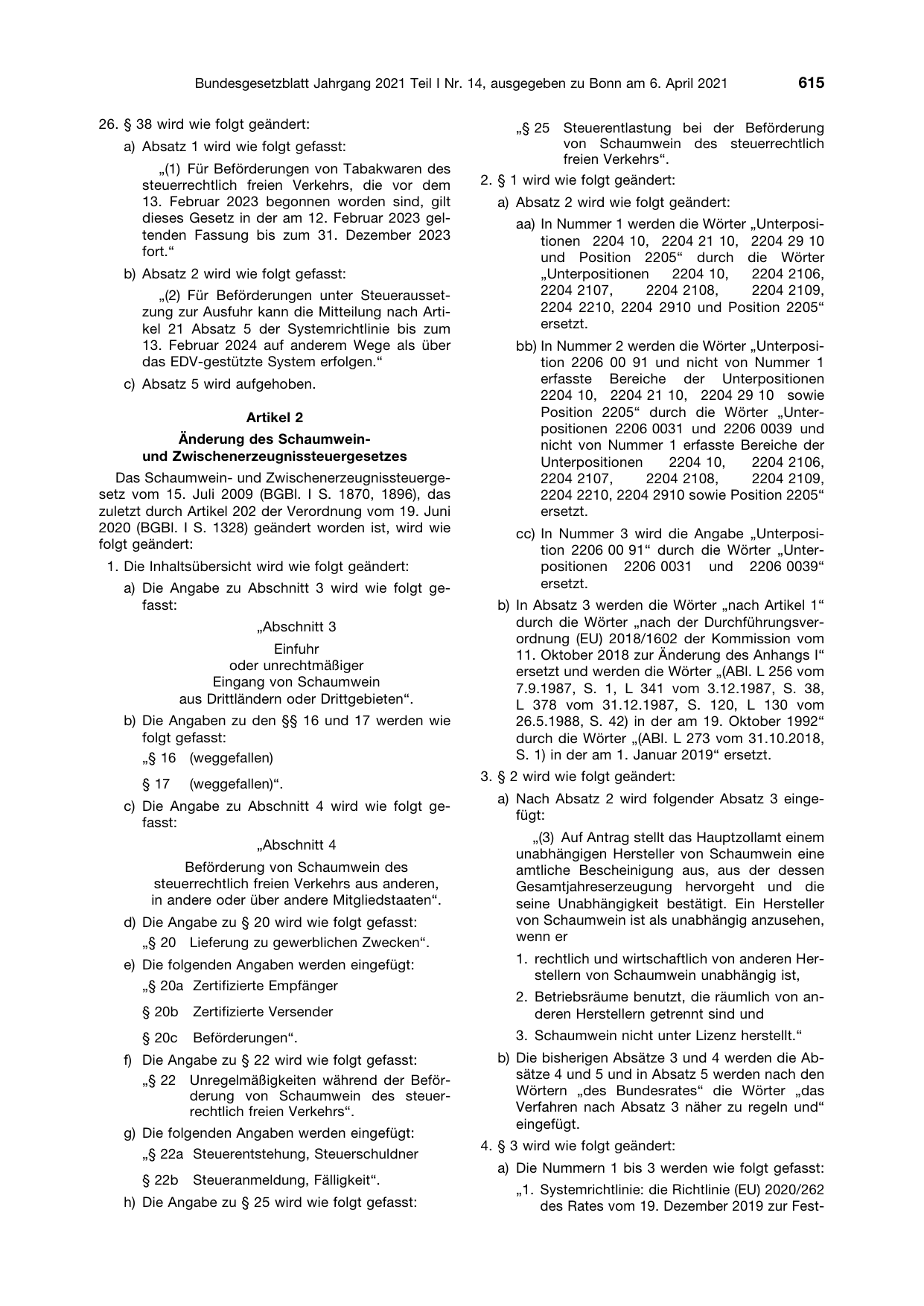 BGBl. 2021, Seite 615 — Originalseite als Abbildung