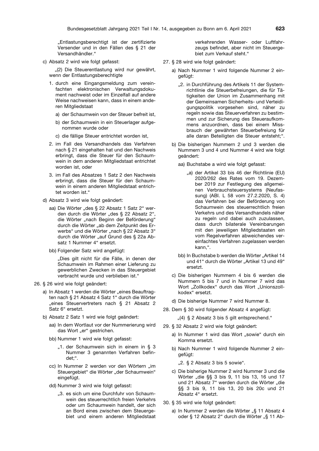 BGBl. 2021, Seite 623 — Originalseite als Abbildung