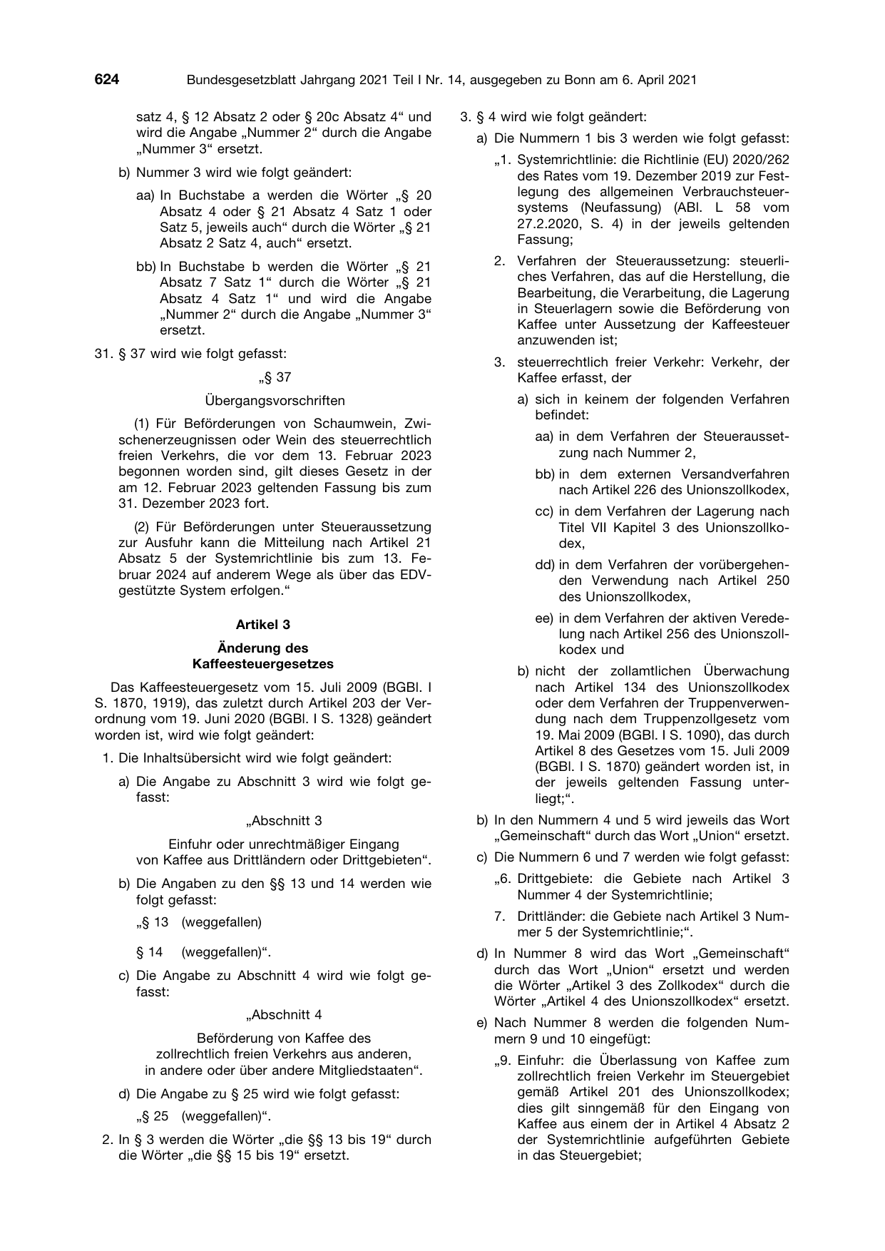 BGBl. 2021, Seite 624 — Originalseite als Abbildung