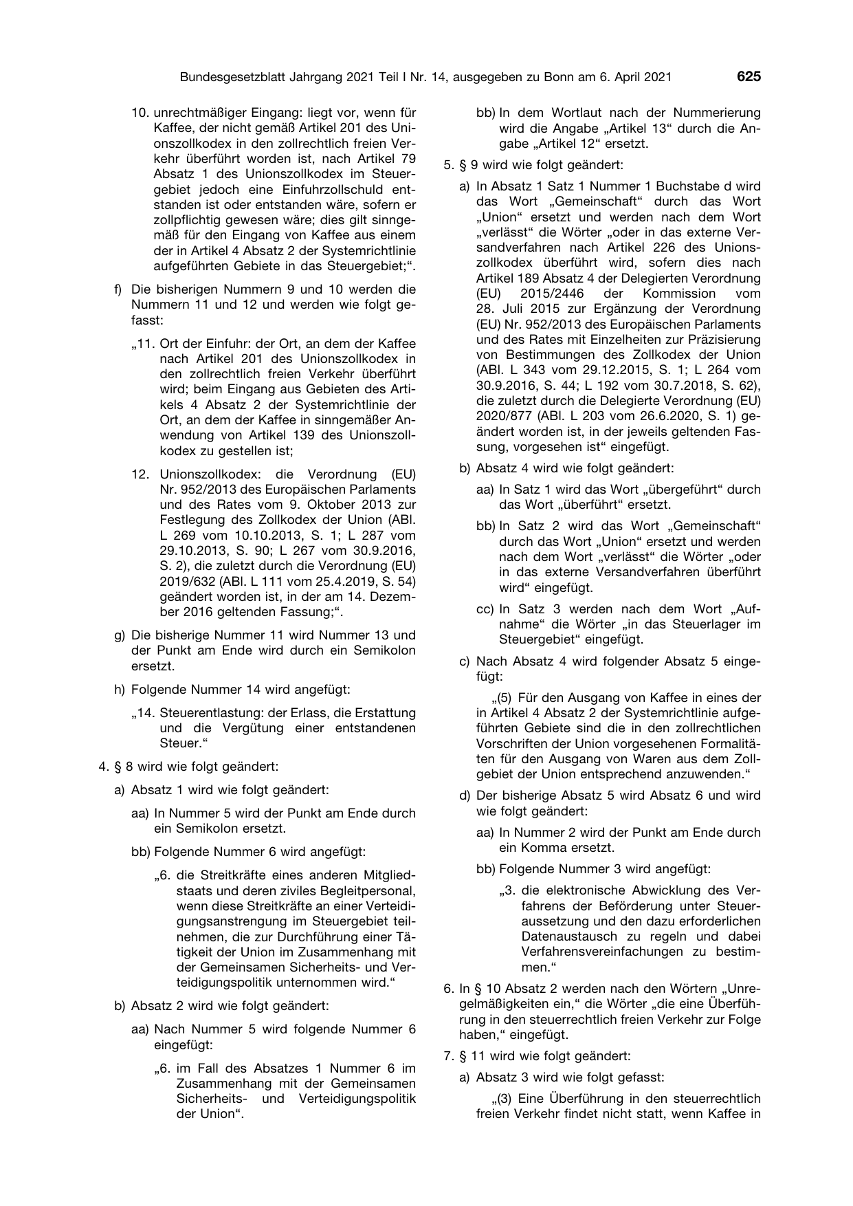 BGBl. 2021, Seite 625 — Originalseite als Abbildung