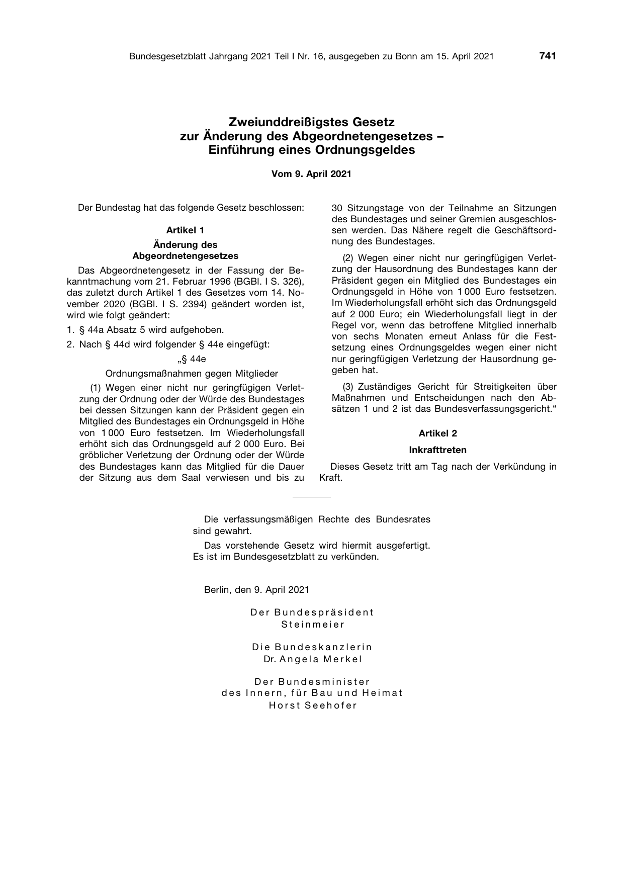 BGBl. 2021, Seite 741 — Originalseite als Abbildung