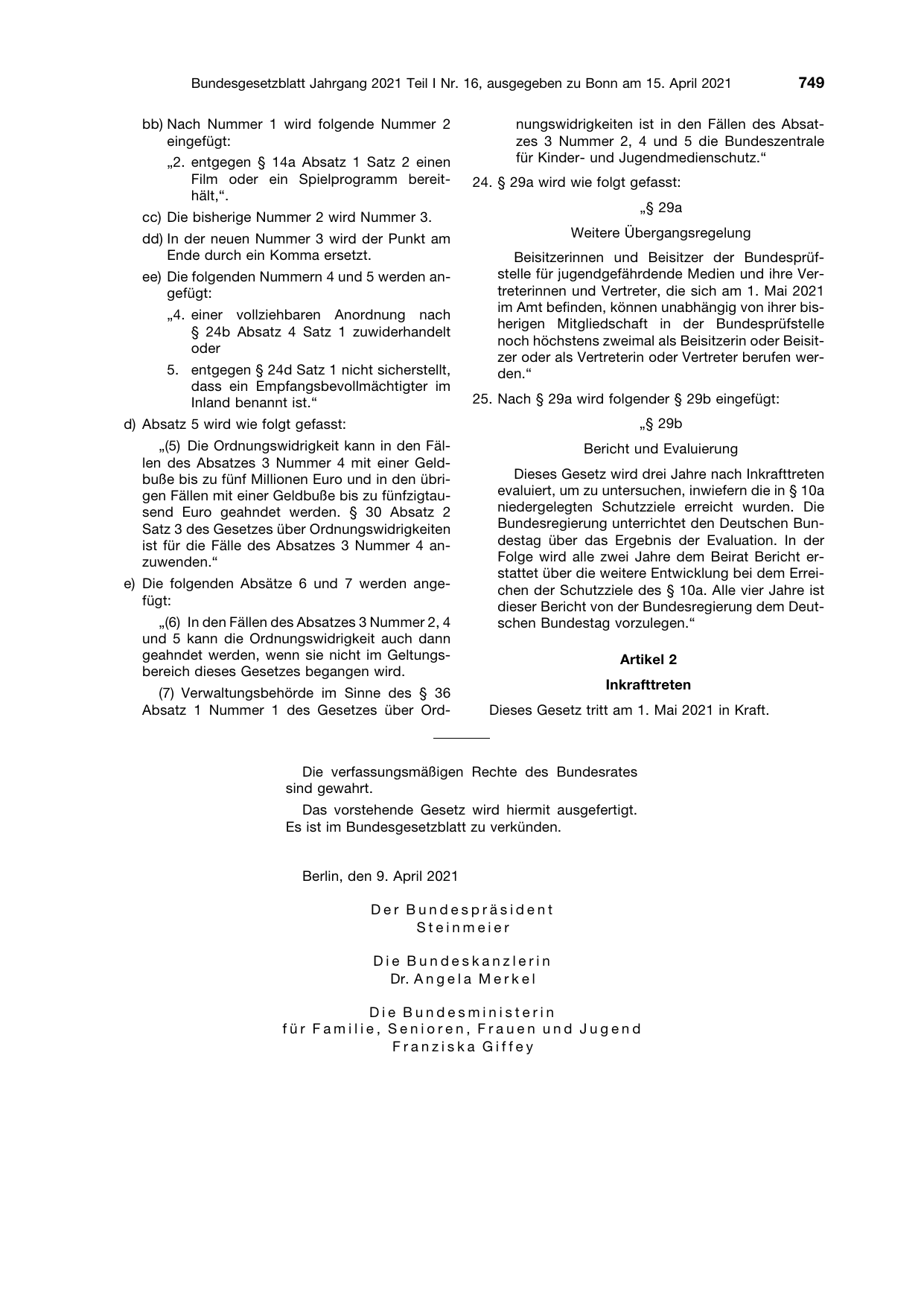BGBl. 2021, Seite 749 — Originalseite als Abbildung