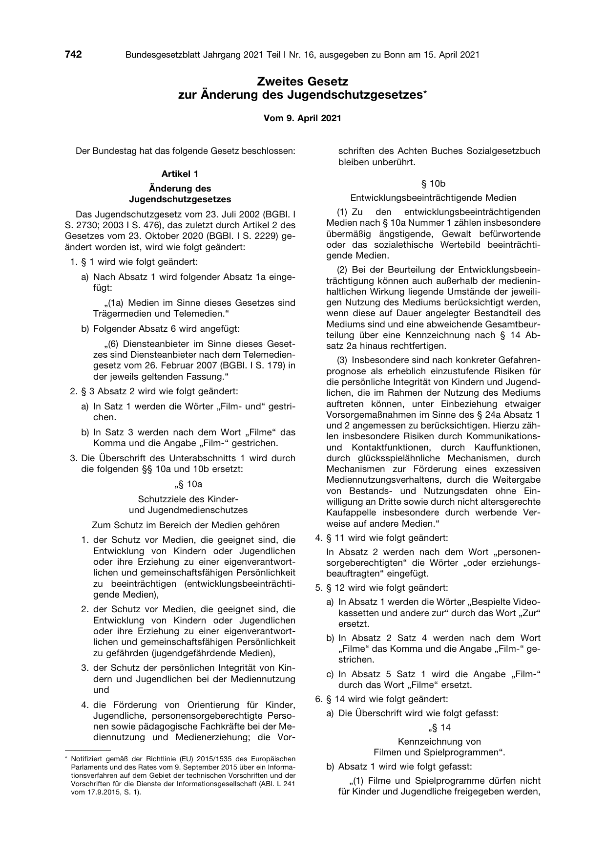 BGBl. 2021, Seite 742 — Originalseite als Abbildung