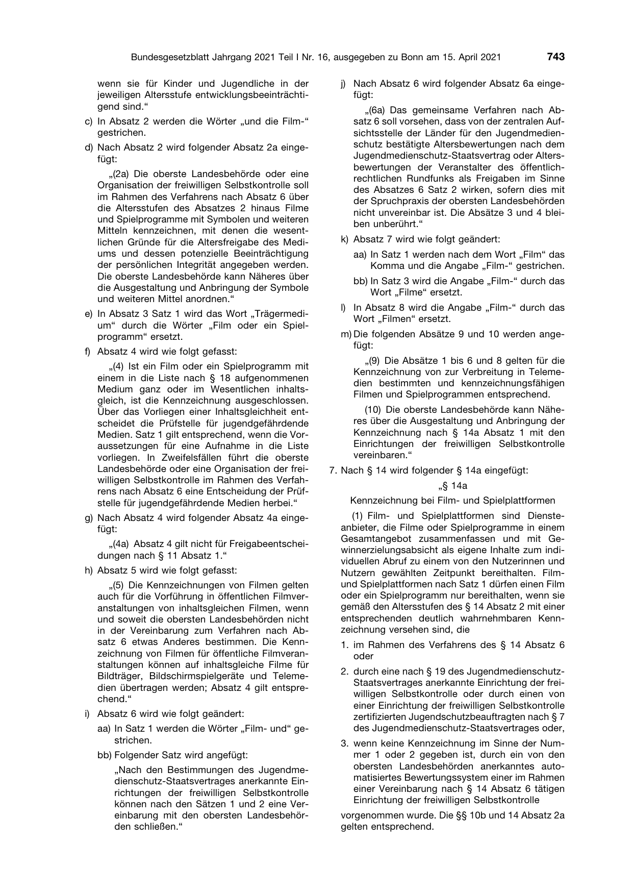 BGBl. 2021, Seite 743 — Originalseite als Abbildung