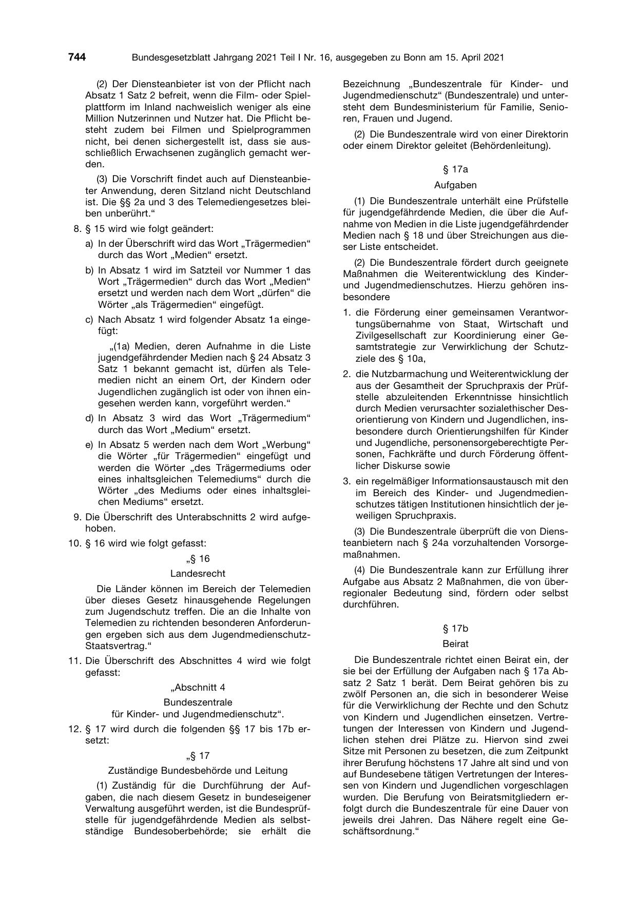BGBl. 2021, Seite 744 — Originalseite als Abbildung