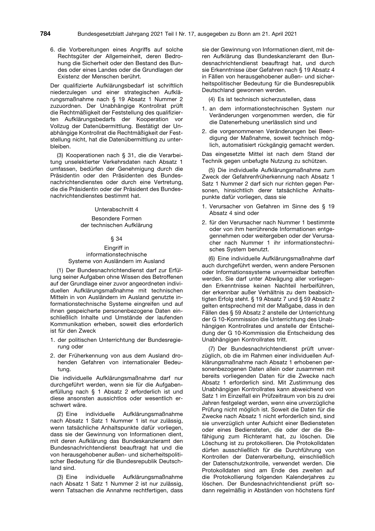 BGBl. 2021, Seite 784 — Originalseite als Abbildung