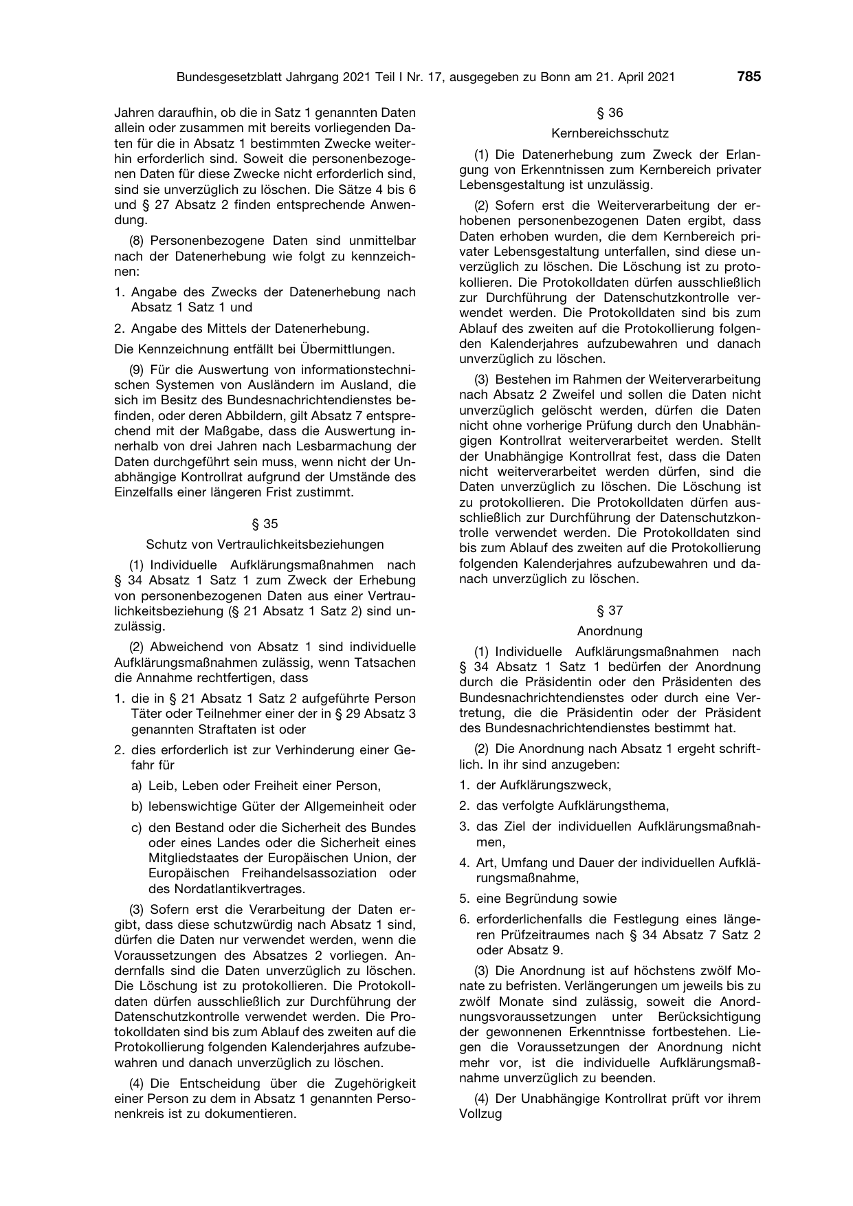 BGBl. 2021, Seite 785 — Originalseite als Abbildung