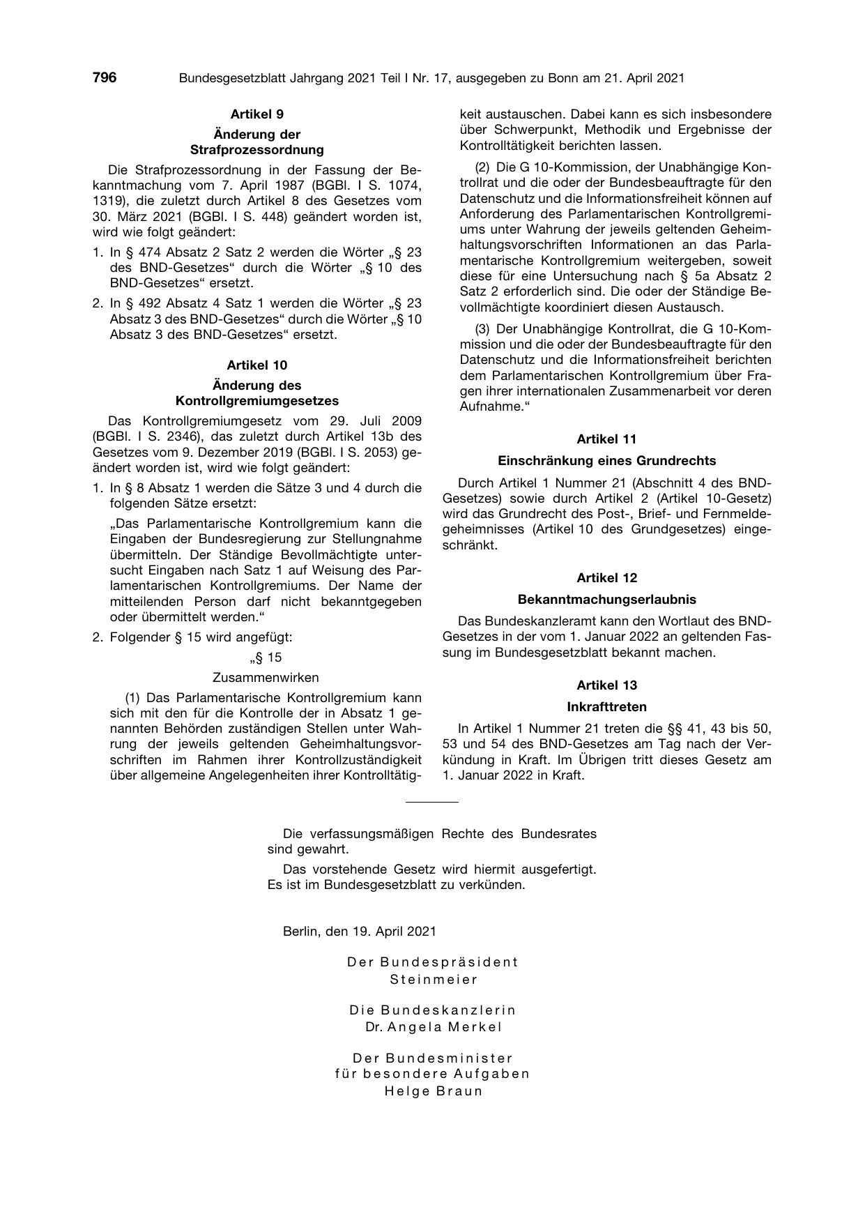 BGBl. 2021, Seite 796 — Originalseite als Abbildung