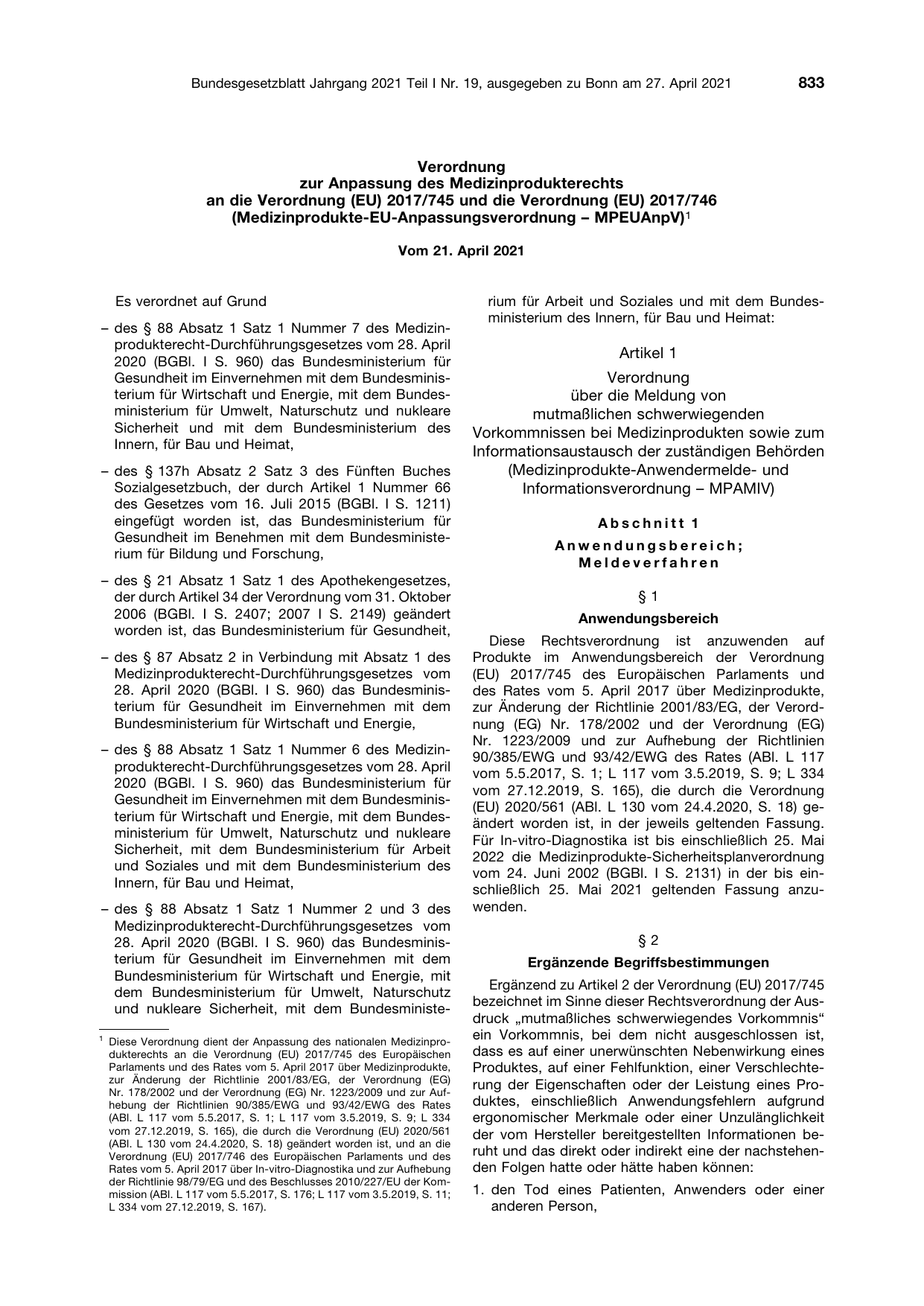 BGBl. 2021, Seite 833 — Originalseite als Abbildung