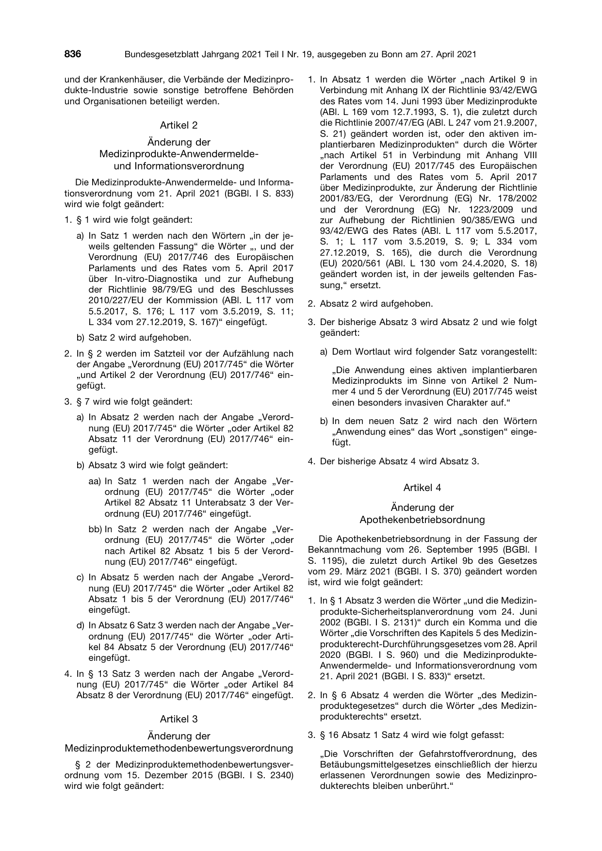 BGBl. 2021, Seite 836 — Originalseite als Abbildung
