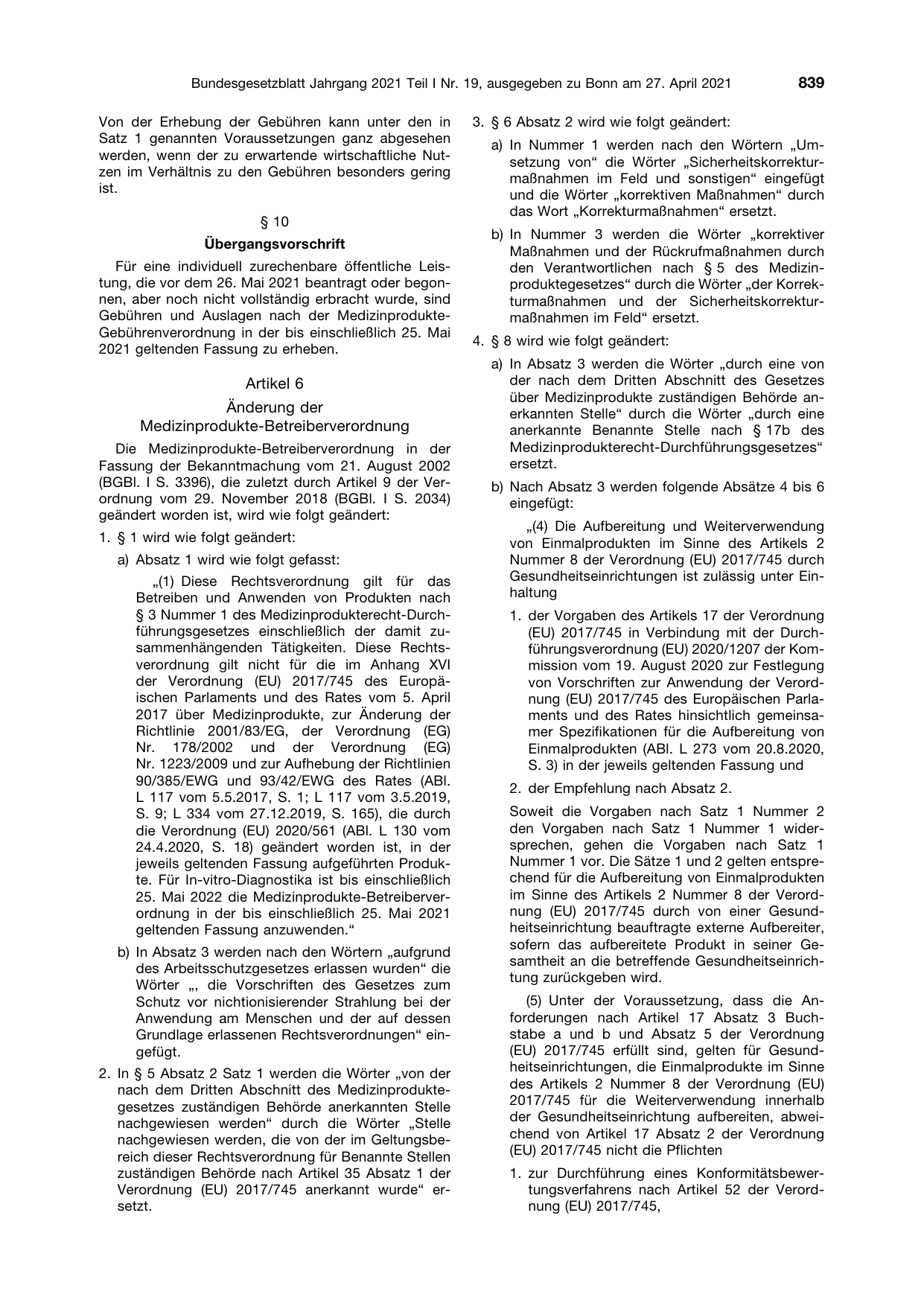 BGBl. 2021, Seite 839 — Originalseite als Abbildung