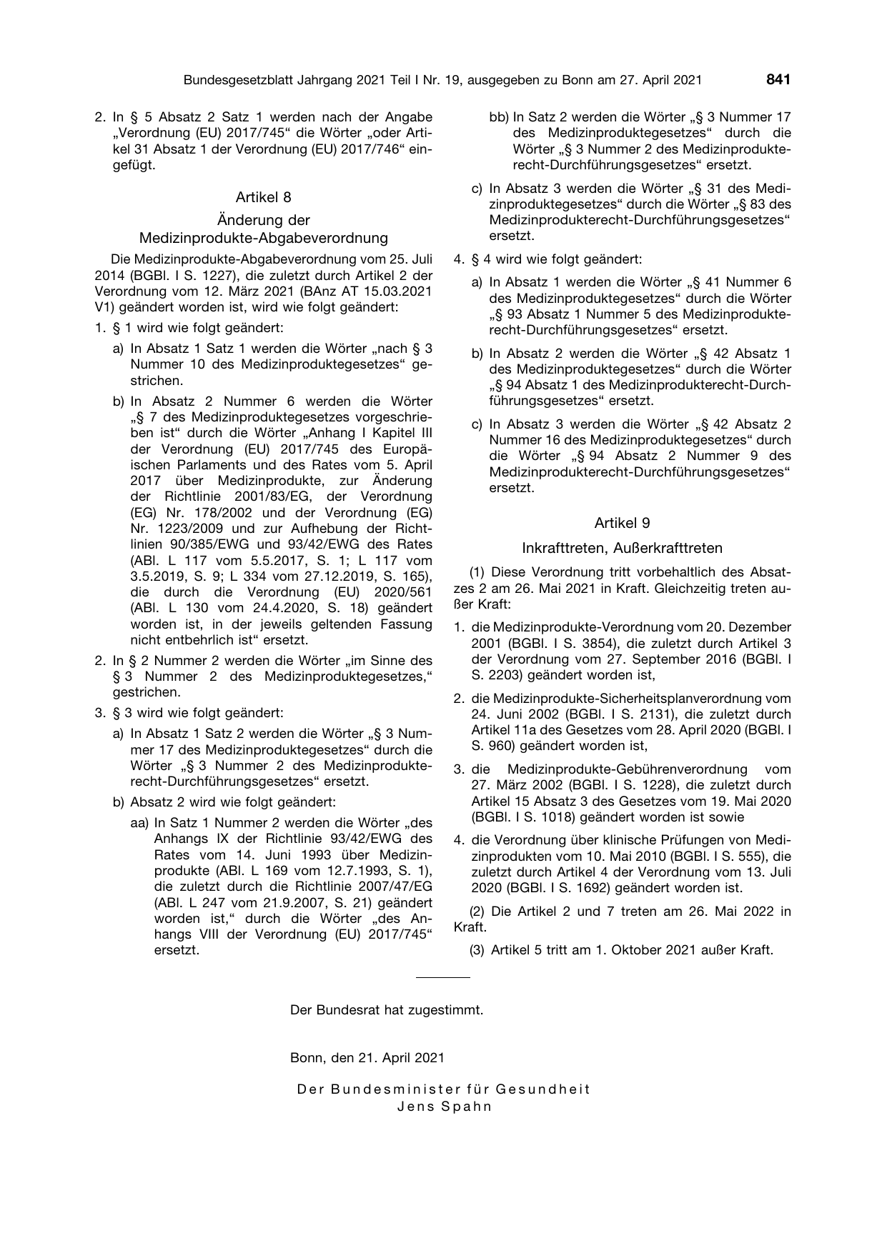 BGBl. 2021, Seite 841 — Originalseite als Abbildung