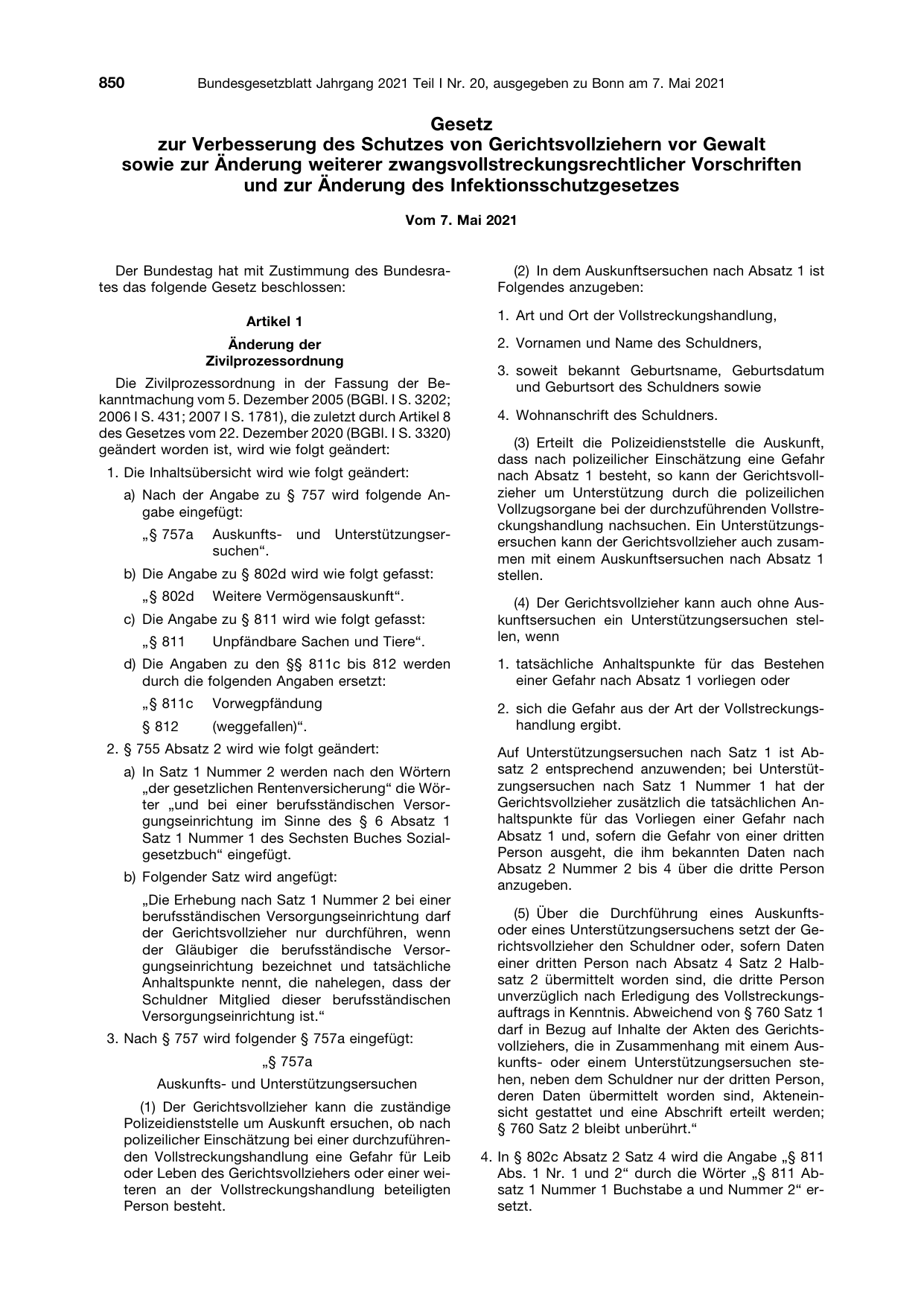 BGBl. 2021, Seite 850 — Originalseite als Abbildung