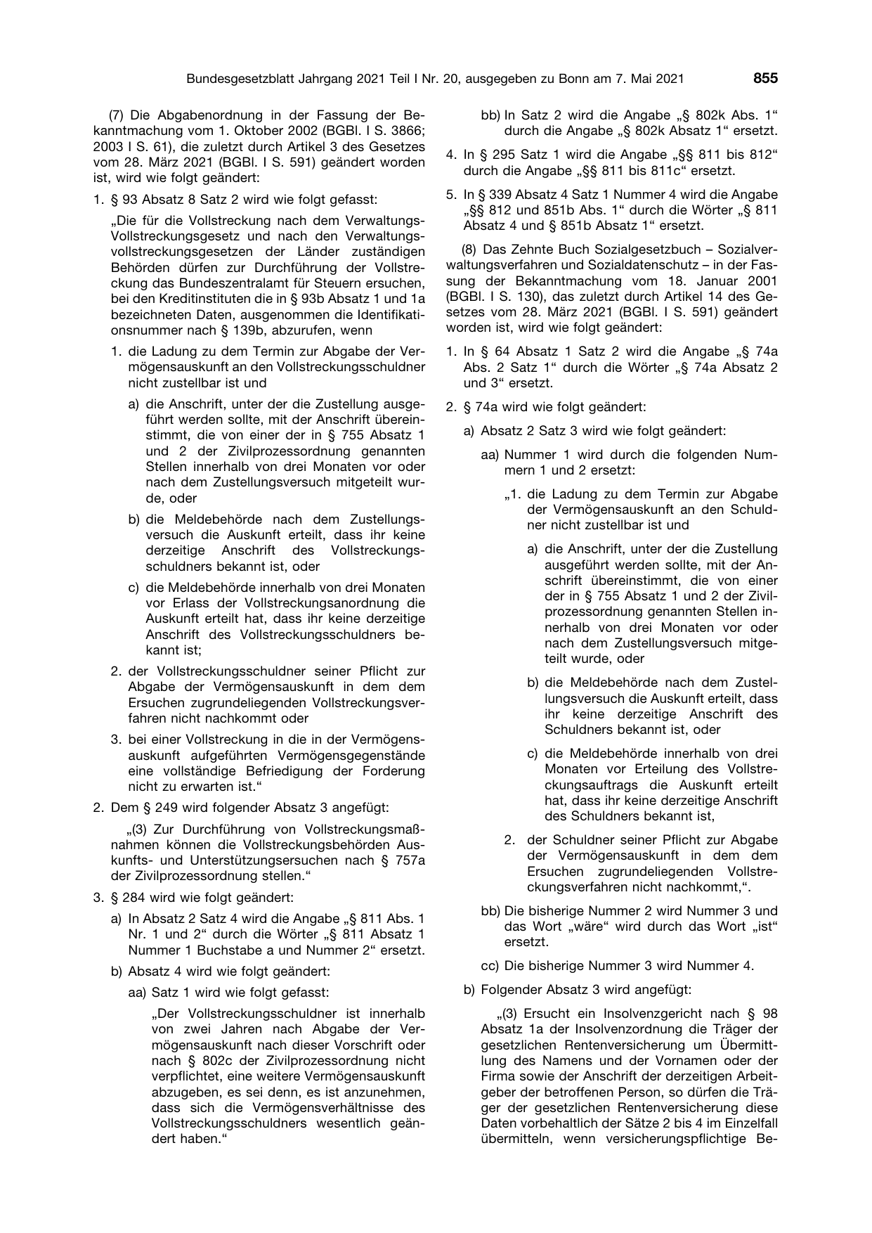 BGBl. 2021, Seite 855 — Originalseite als Abbildung