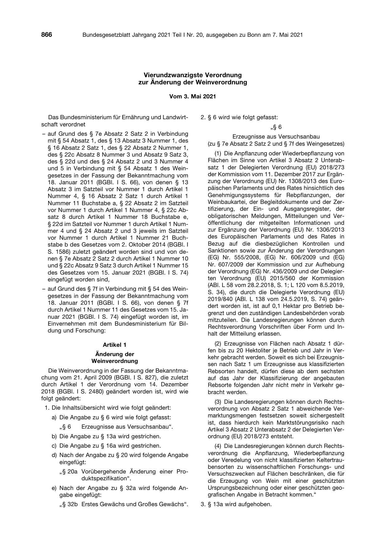 BGBl. 2021, Seite 866 — Originalseite als Abbildung