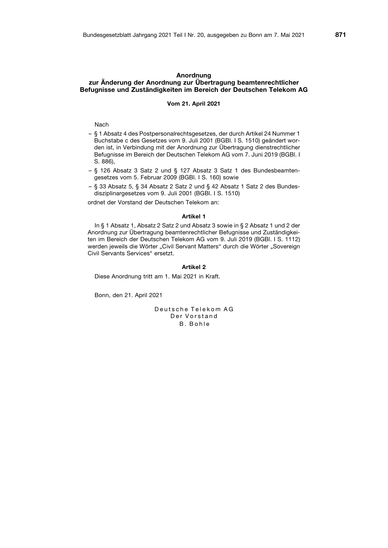 BGBl. 2021, Seite 871 — Originalseite als Abbildung