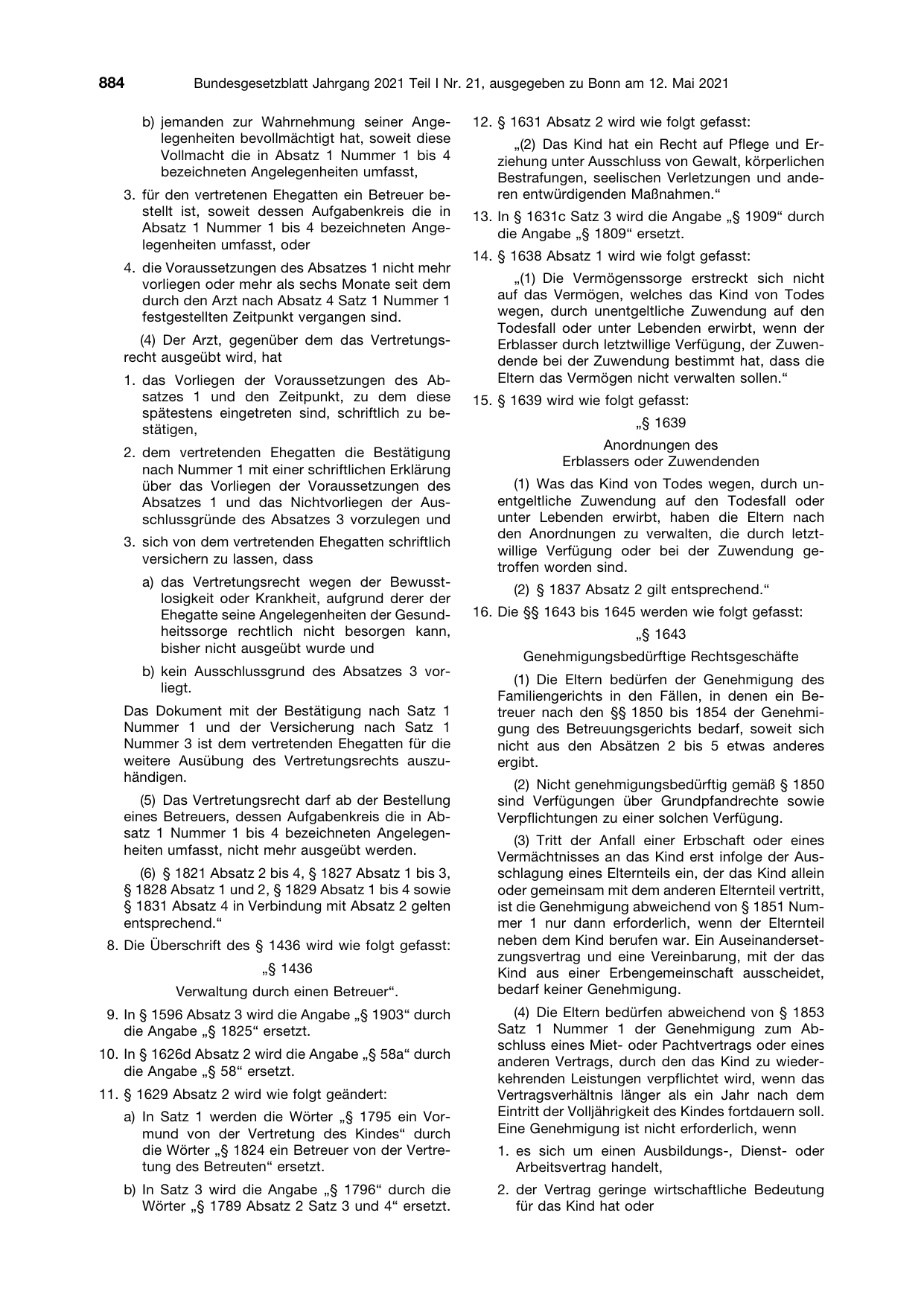 BGBl. 2021, Seite 884 — Originalseite als Abbildung