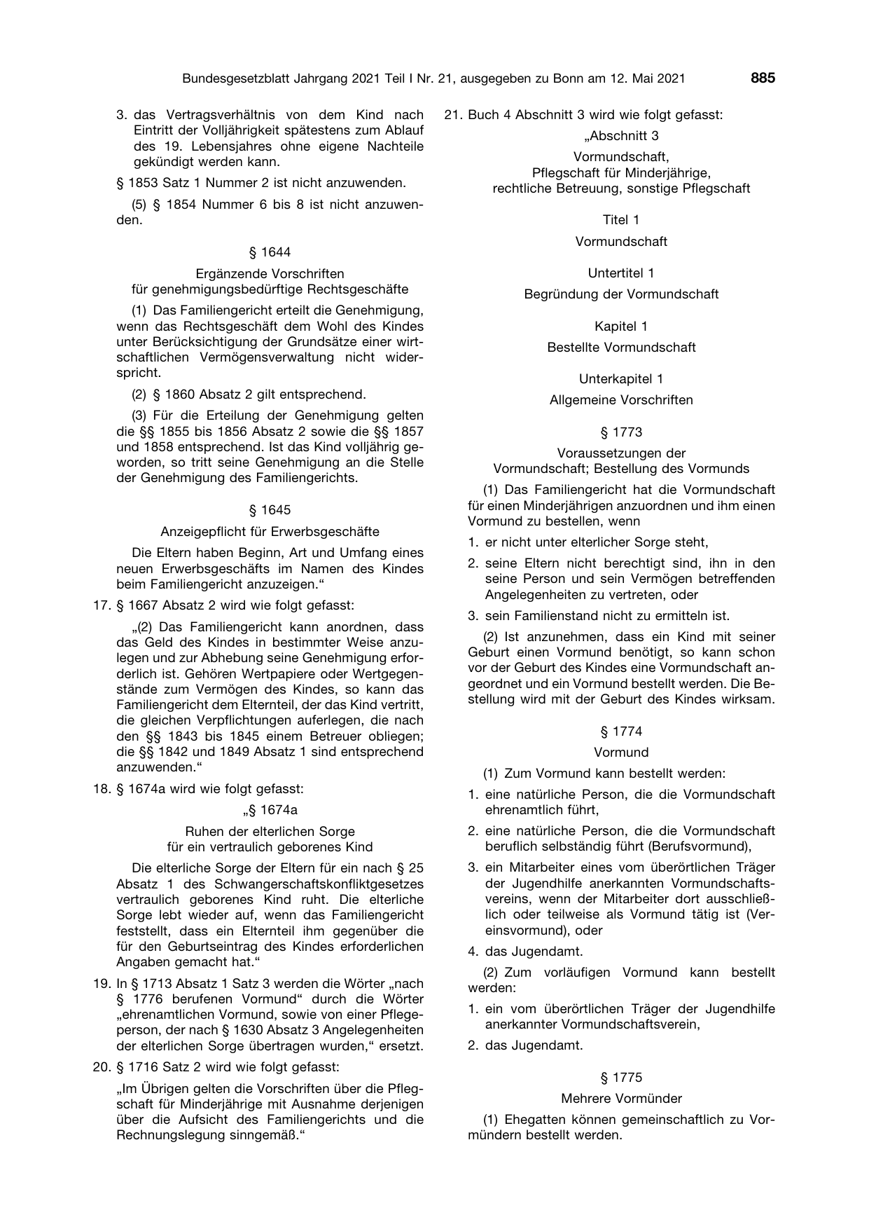 BGBl. 2021, Seite 885 — Originalseite als Abbildung
