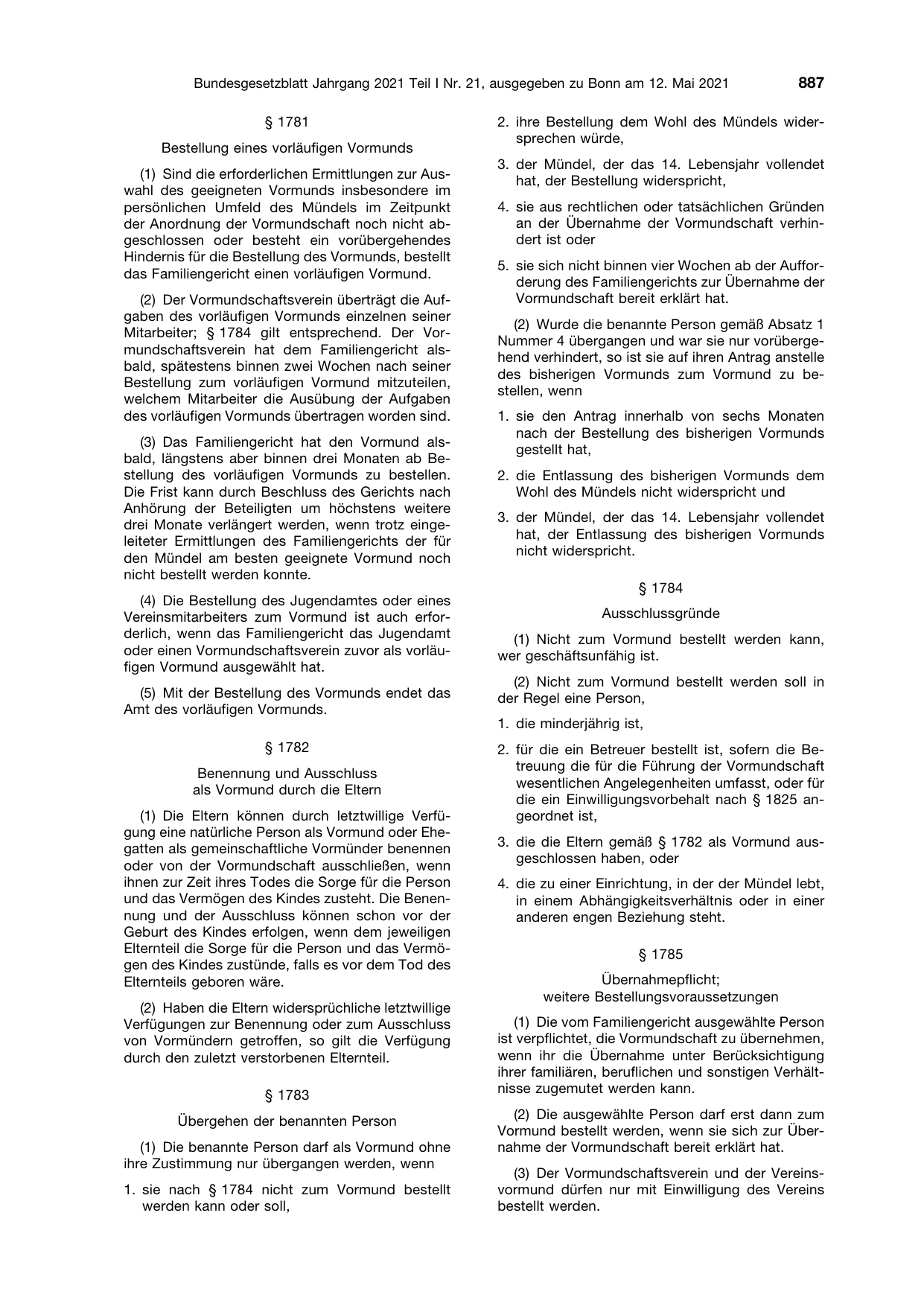 BGBl. 2021, Seite 887 — Originalseite als Abbildung