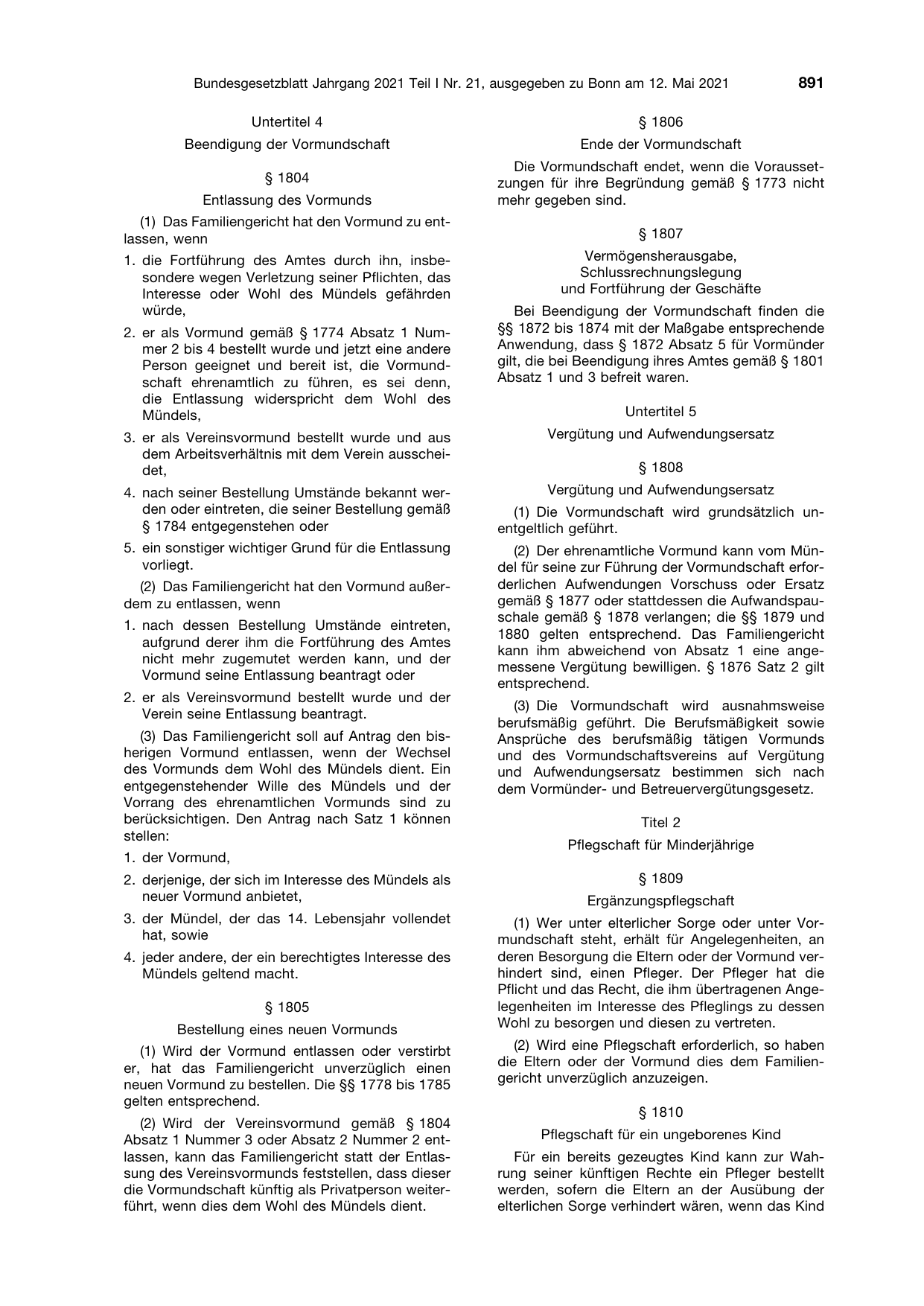 BGBl. 2021, Seite 891 — Originalseite als Abbildung