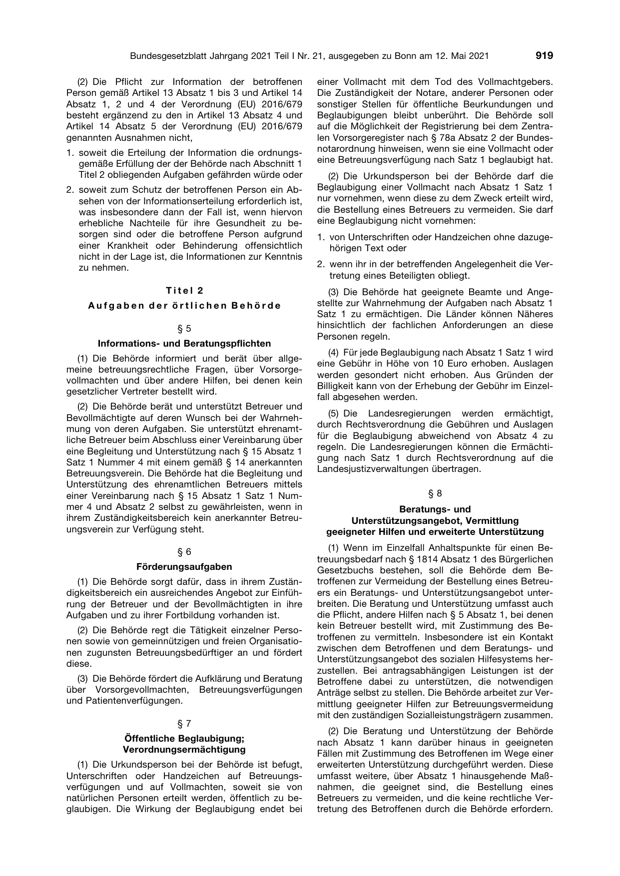 BGBl. 2021, Seite 919 — Originalseite als Abbildung