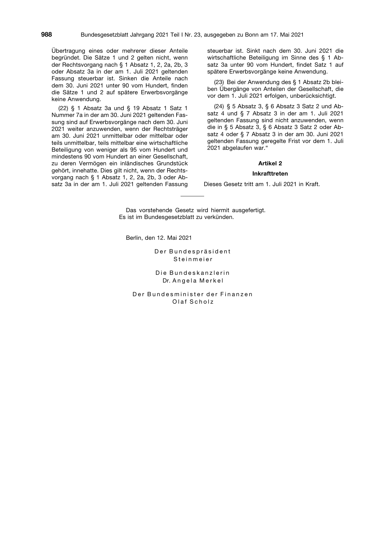 BGBl. 2021, Seite 988 — Originalseite als Abbildung