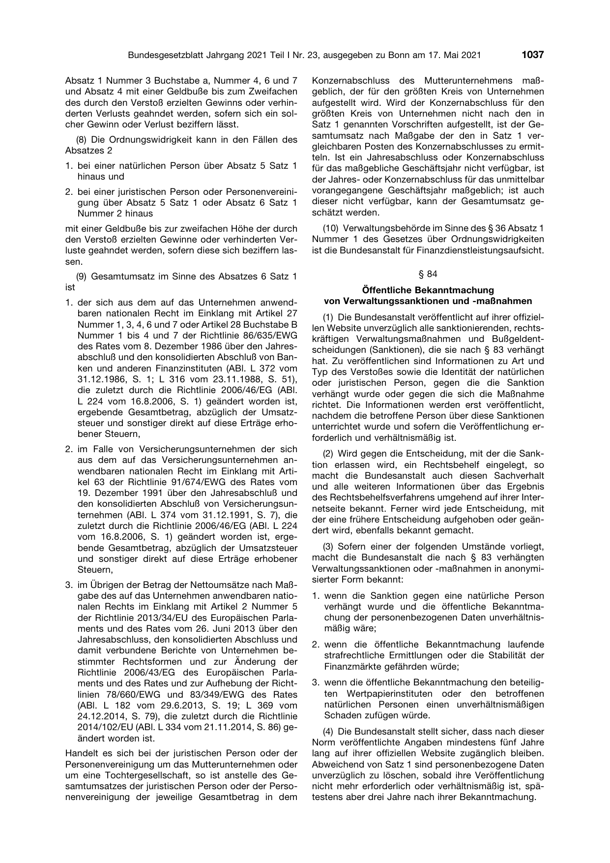 BGBl. 2021, Seite 1037 — Originalseite als Abbildung