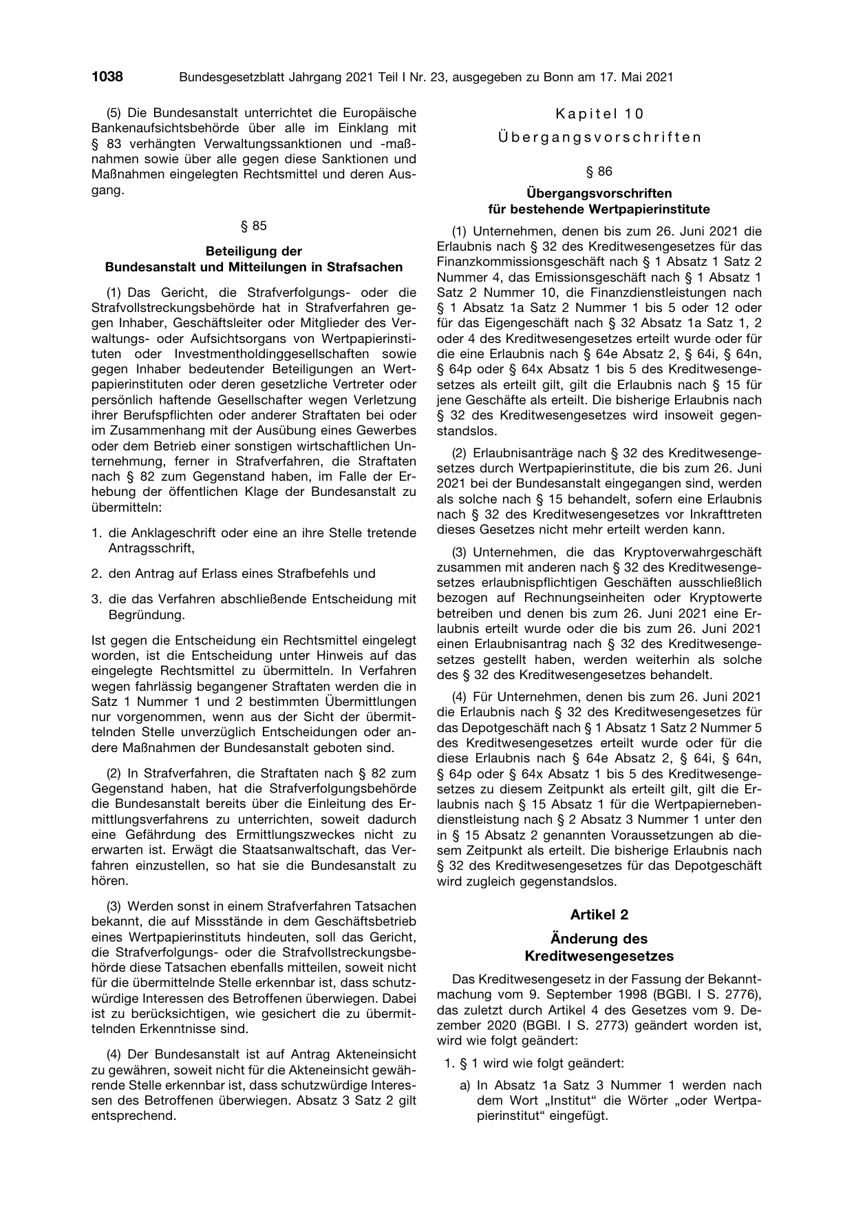 BGBl. 2021, Seite 1038 — Originalseite als Abbildung