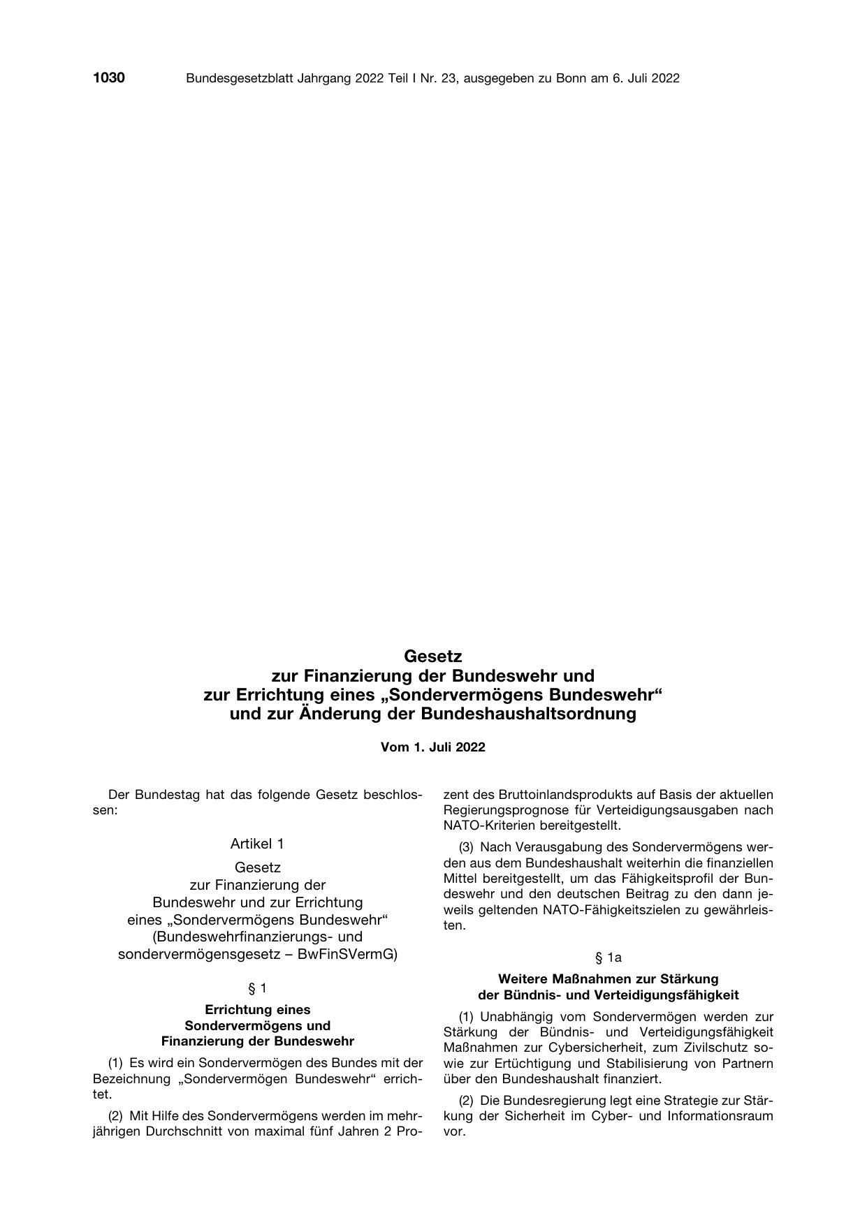 BGBl. 2022, Seite 1030 — Originalseite als Abbildung