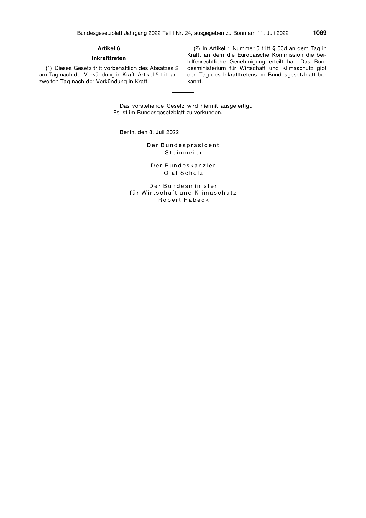 BGBl. 2022, Seite 1069 — Originalseite als Abbildung