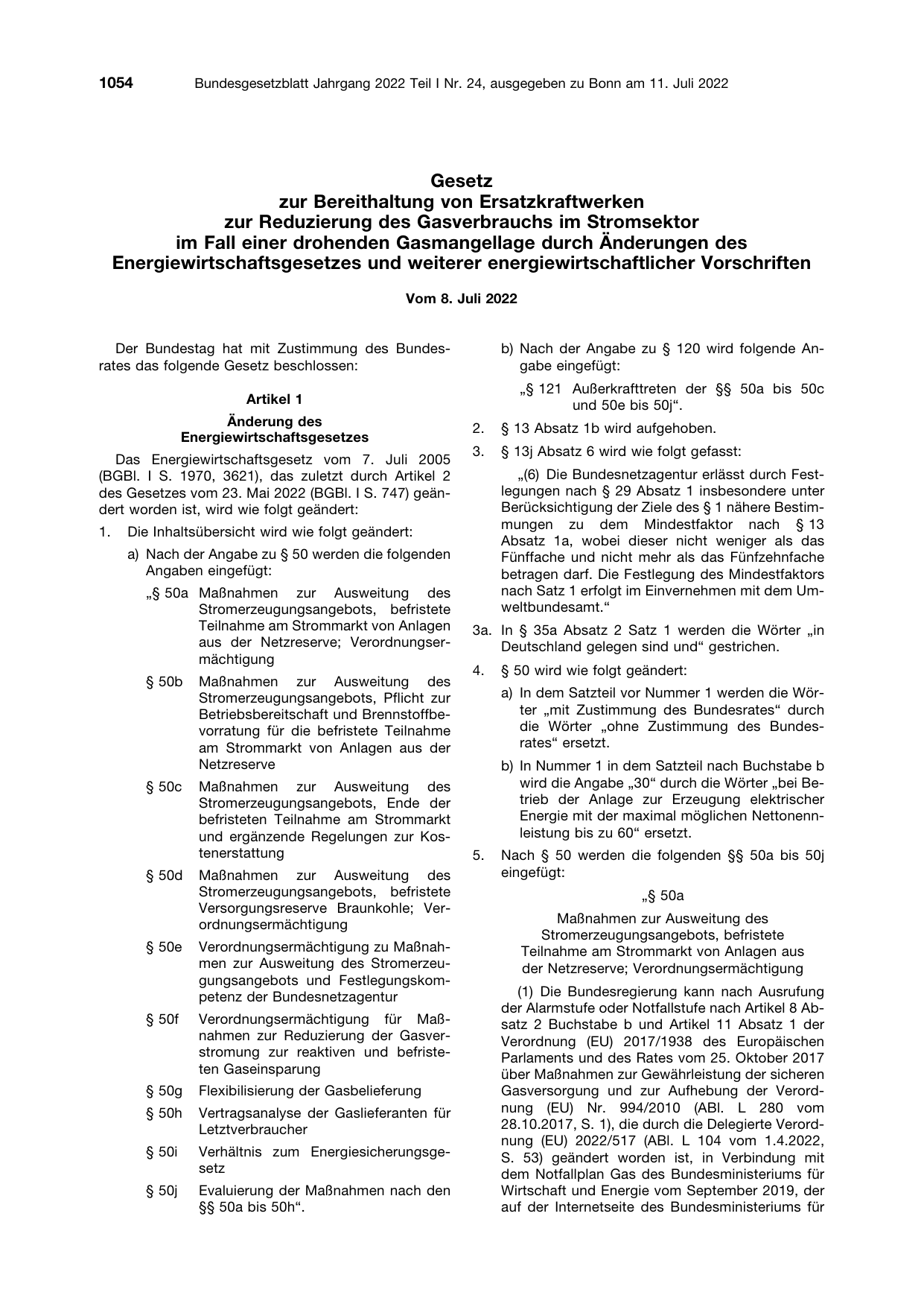 BGBl. 2022, Seite 1054 — Originalseite als Abbildung