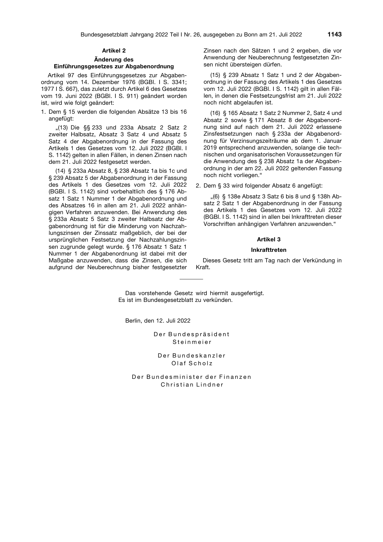 BGBl. 2022, Seite 1143 — Originalseite als Abbildung