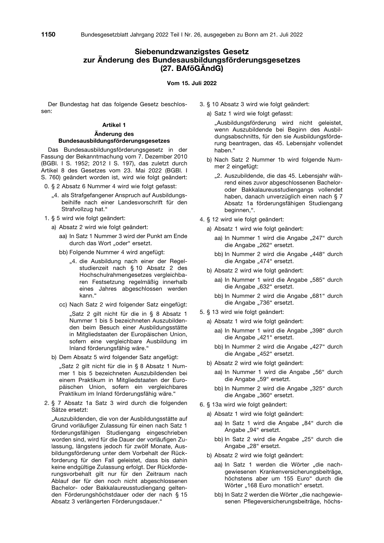 BGBl. 2022, Seite 1150 — Originalseite als Abbildung
