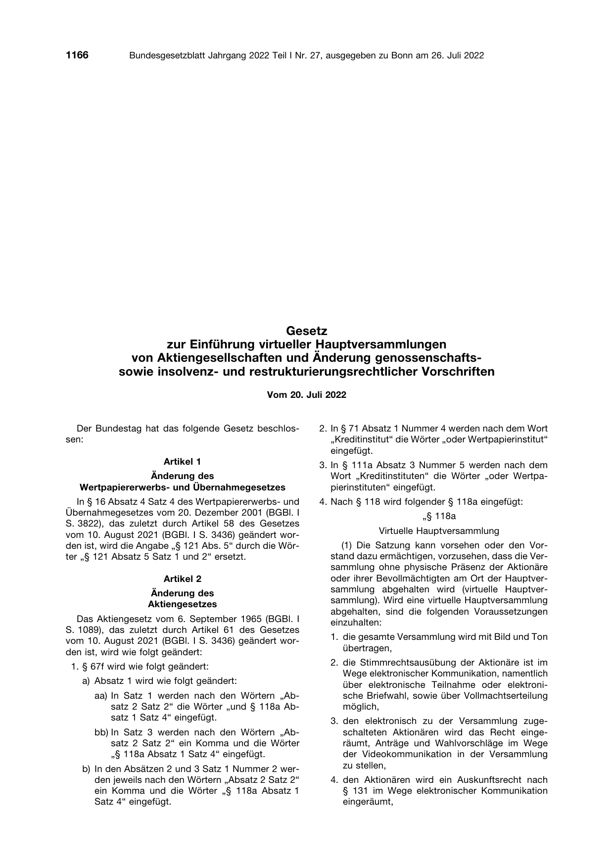 BGBl. 2022, Seite 1166 — Originalseite als Abbildung