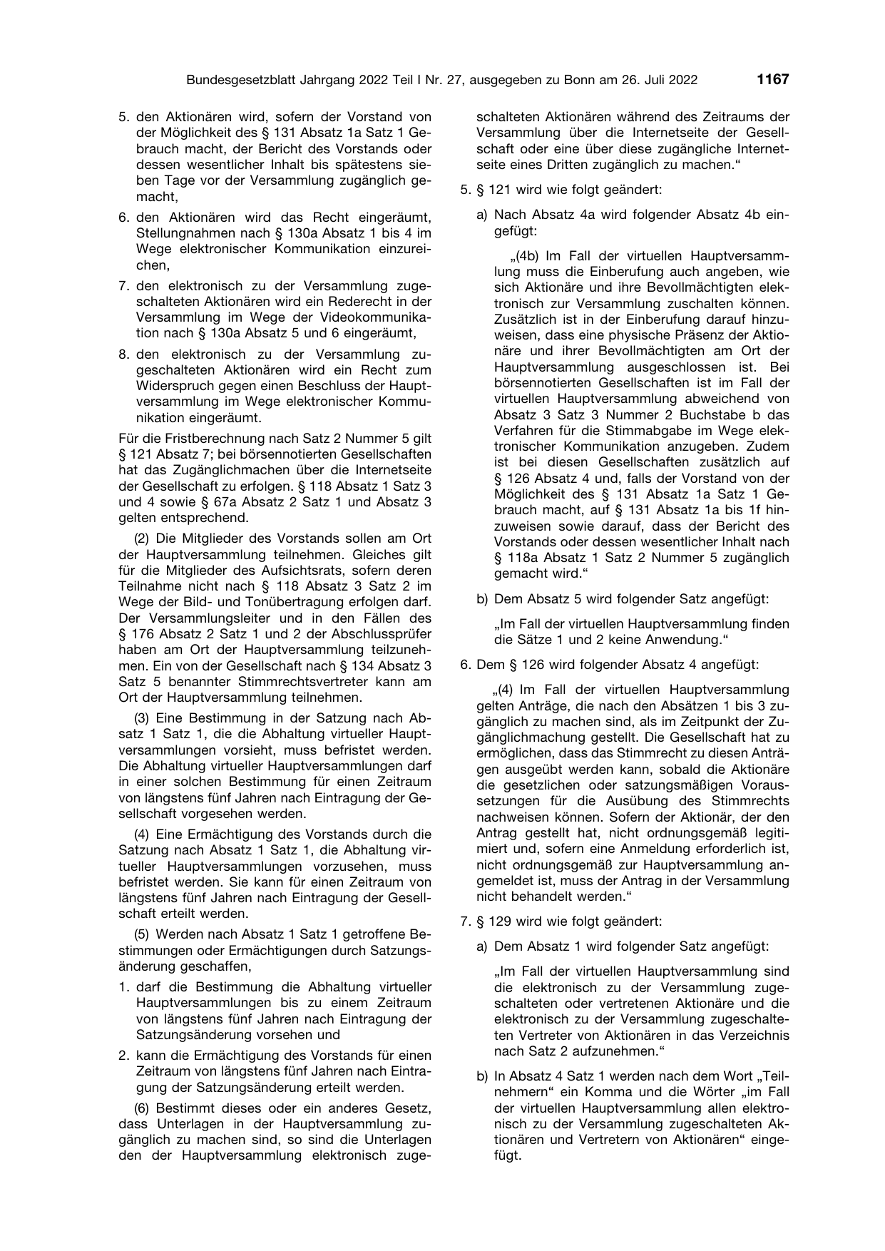 BGBl. 2022, Seite 1167 — Originalseite als Abbildung