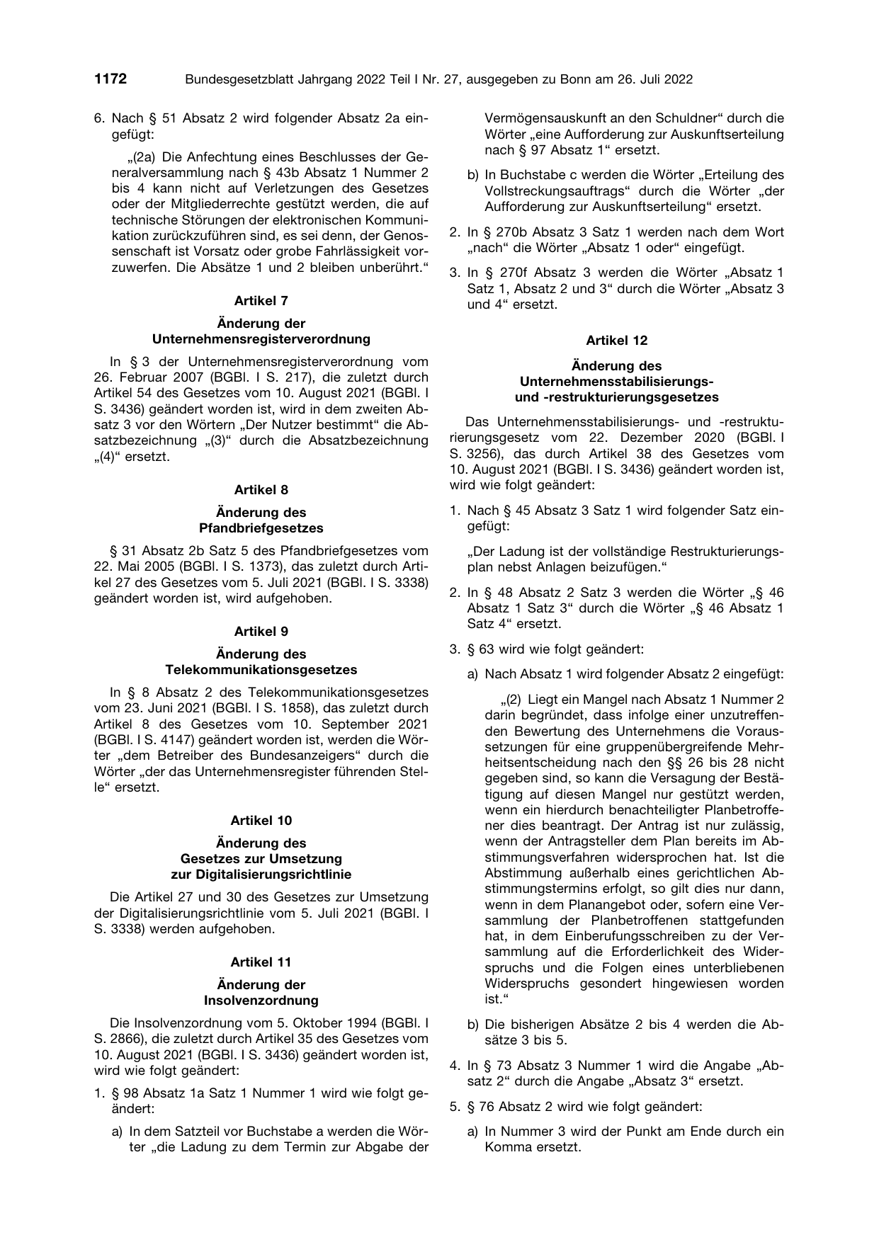 BGBl. 2022, Seite 1172 — Originalseite als Abbildung