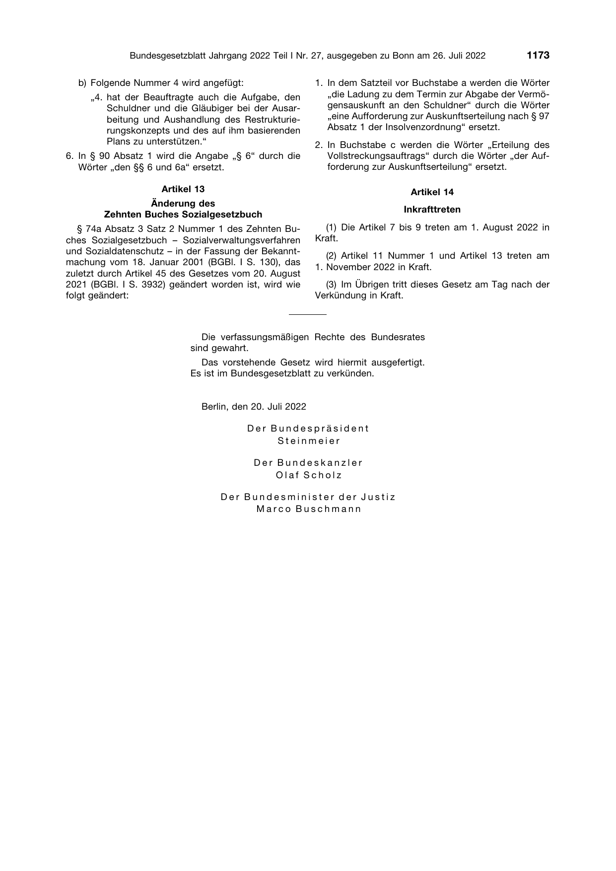 BGBl. 2022, Seite 1173 — Originalseite als Abbildung