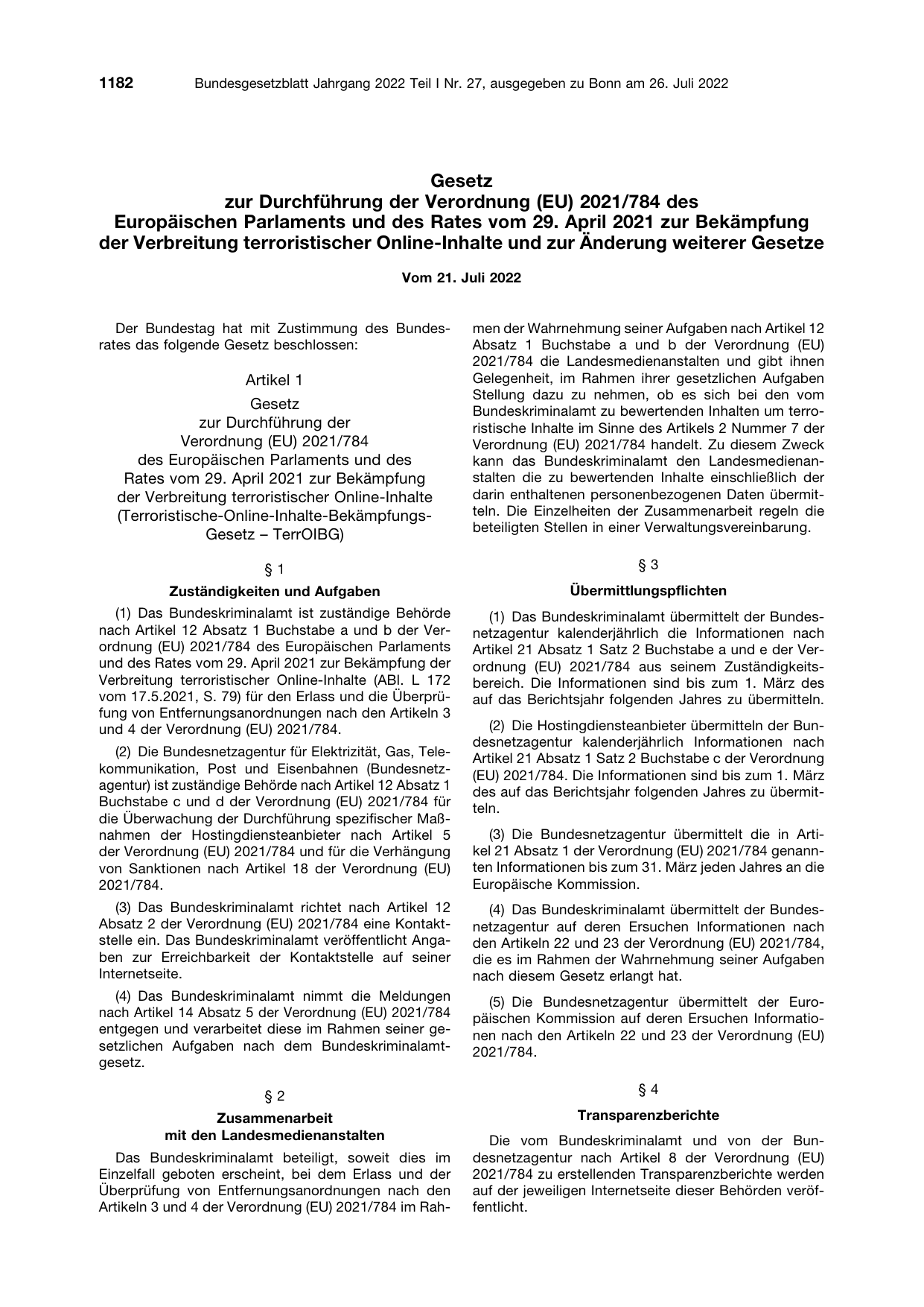 BGBl. 2022, Seite 1182 — Originalseite als Abbildung