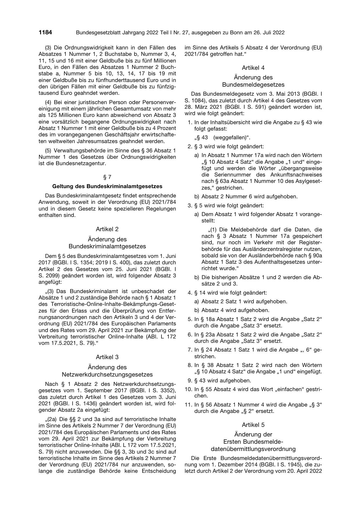 BGBl. 2022, Seite 1184 — Originalseite als Abbildung