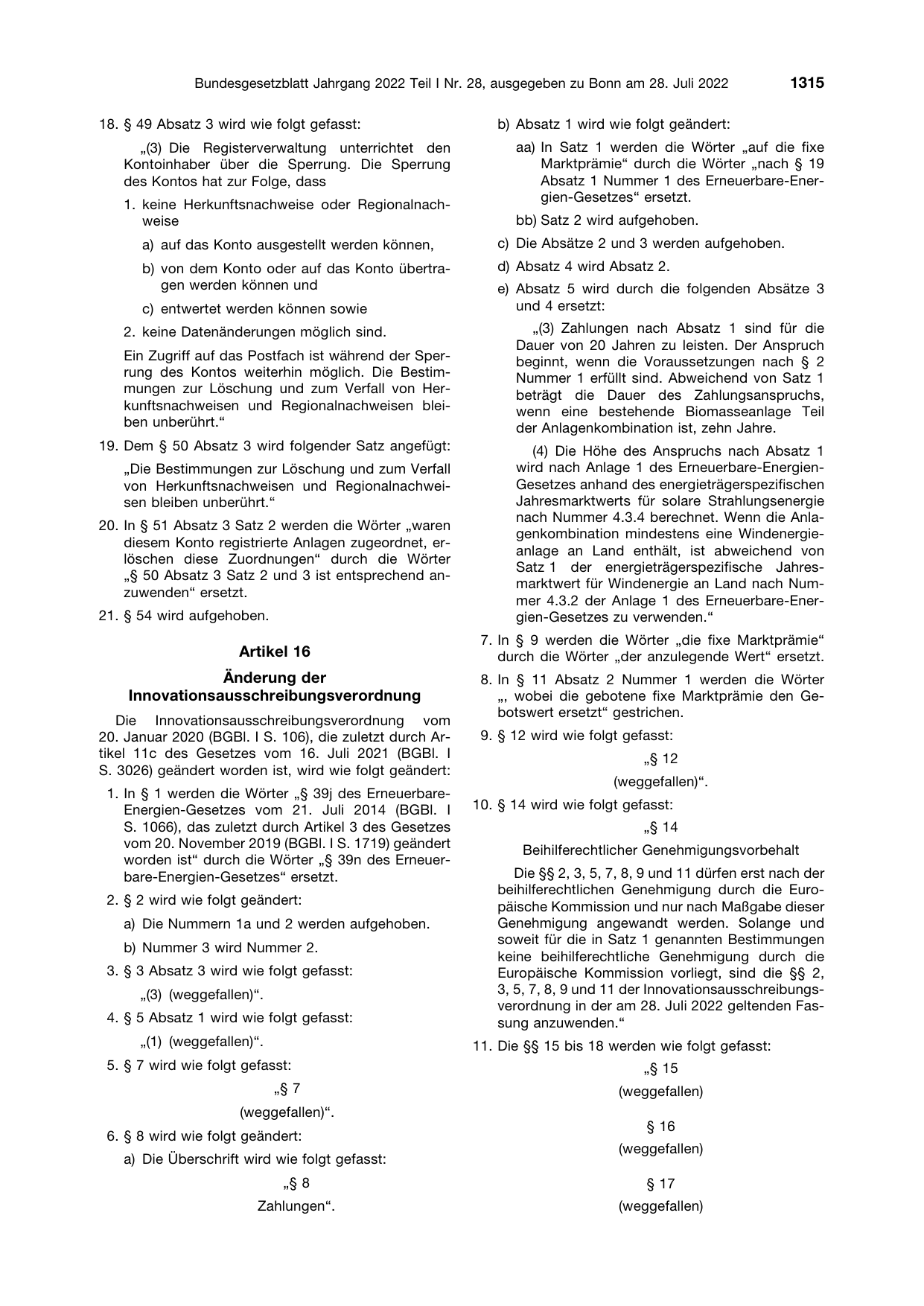BGBl. 2022, Seite 1315 — Originalseite als Abbildung