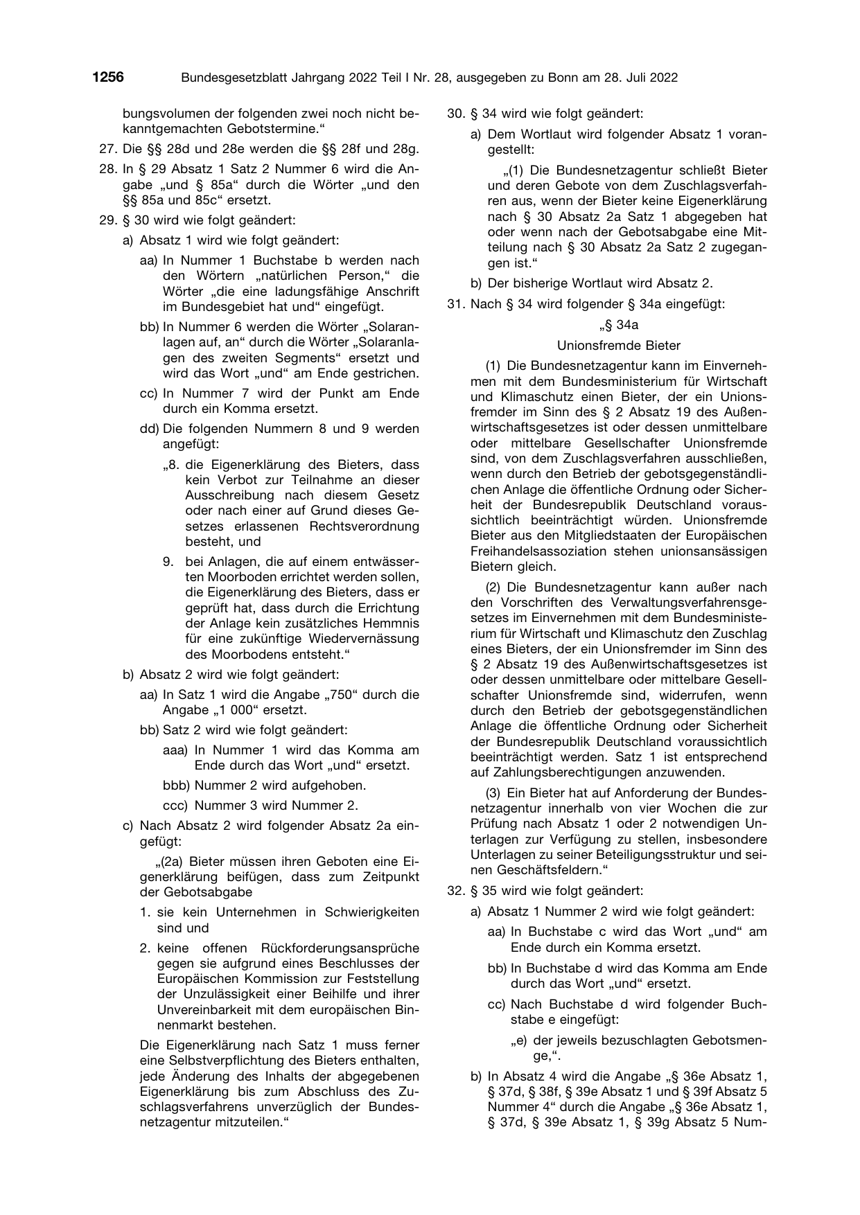 BGBl. 2022, Seite 1256 — Originalseite als Abbildung